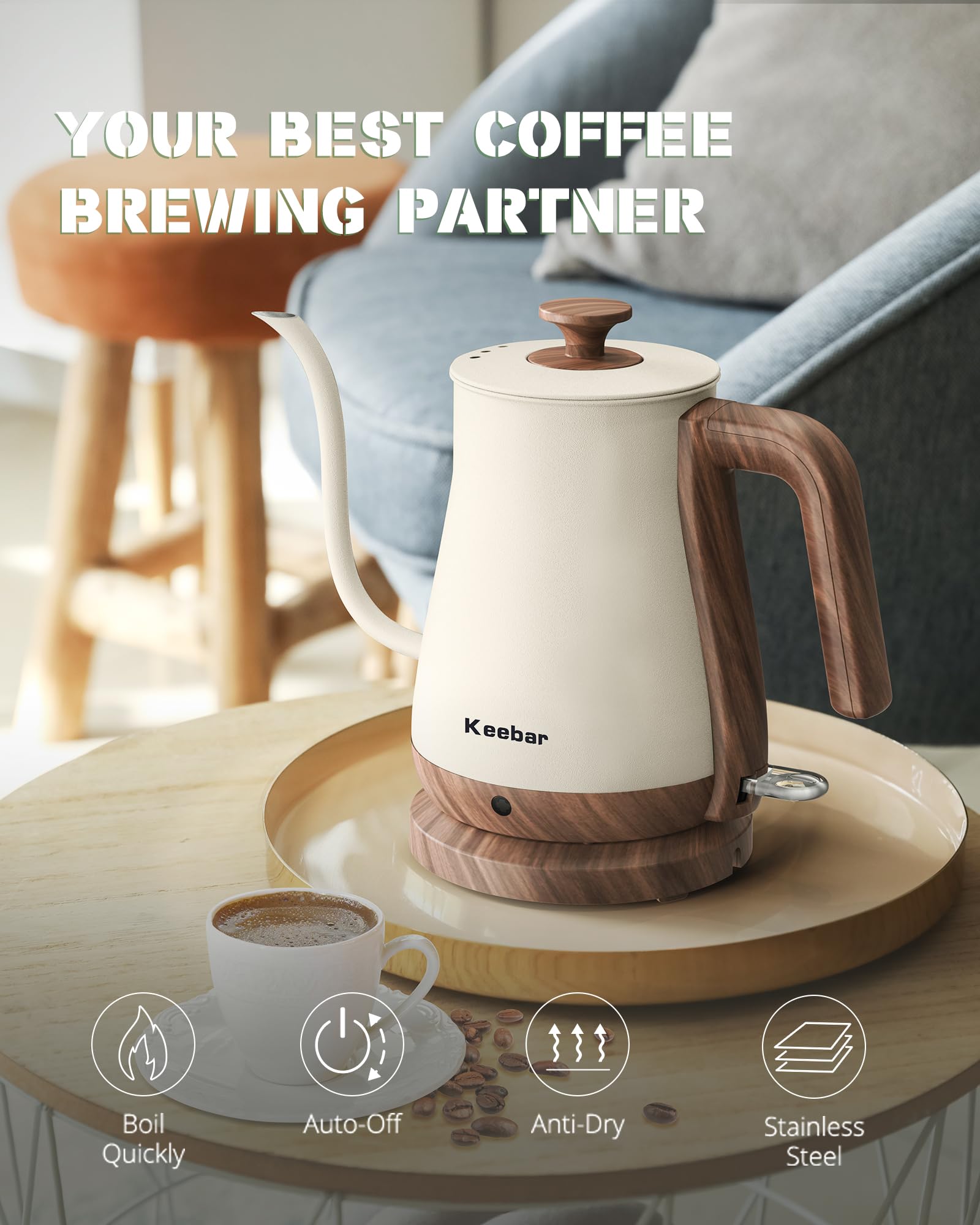 Keebar Gooseneck Electric Kettle Beige, 1000W Electric Tea Kettle Stainless Steel, Pour Over Kettle For Coffee, Wood-Like Grain