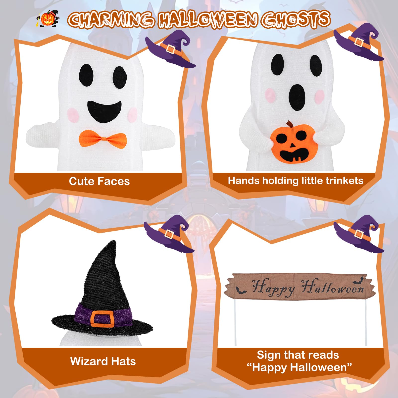 Tangkula Set of 3 Lighted Halloween Decorations Outdoor/Indoor, 3 Pcs Pop up Cute Ghosts Decor with Witch Hat, Spooky Ghost Scar