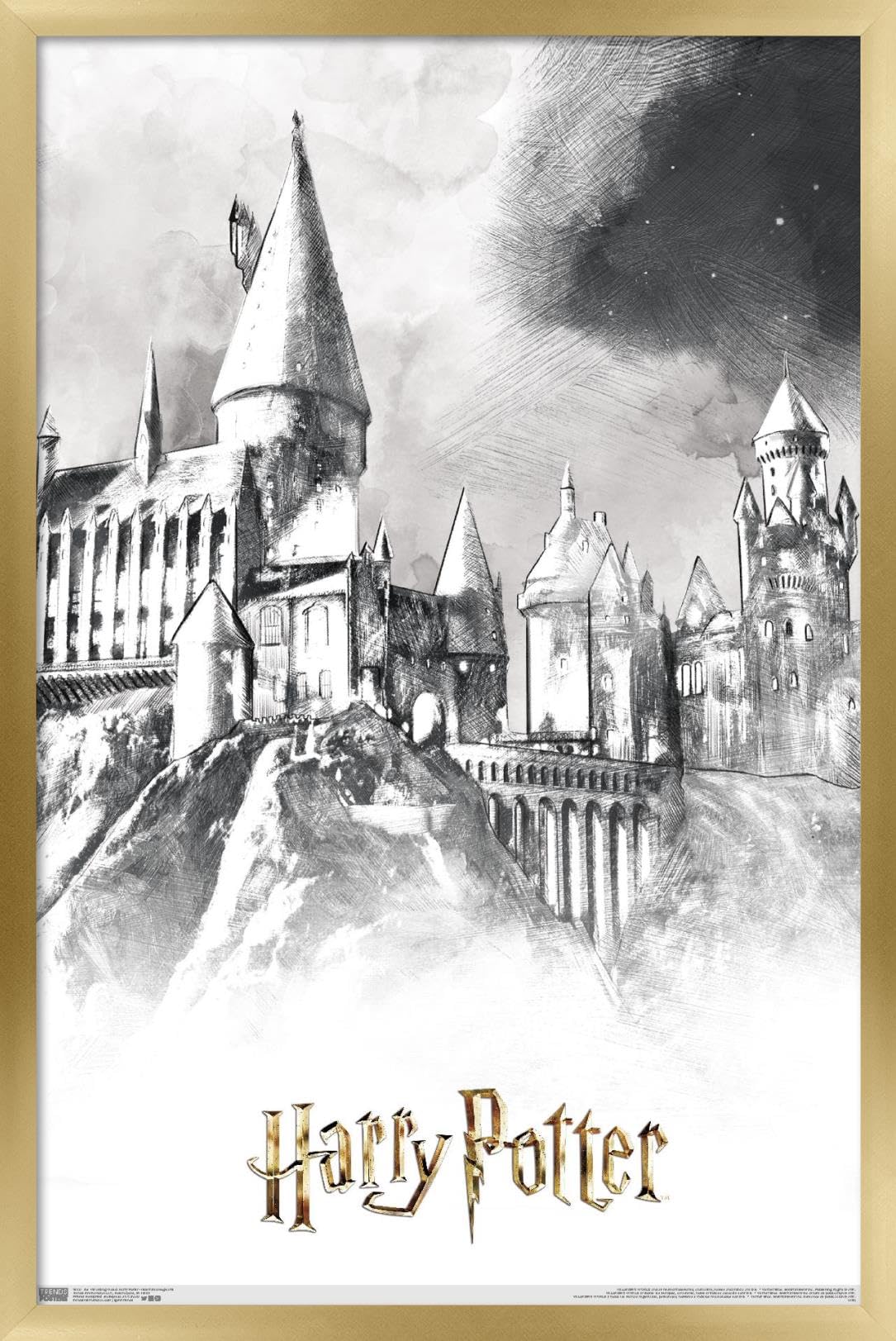 Trends International The Wizarding World: Harry Potter - Illustrated Hogwarts Wall Poster, 14.725'' X 22.375'', Gold Framed Vers