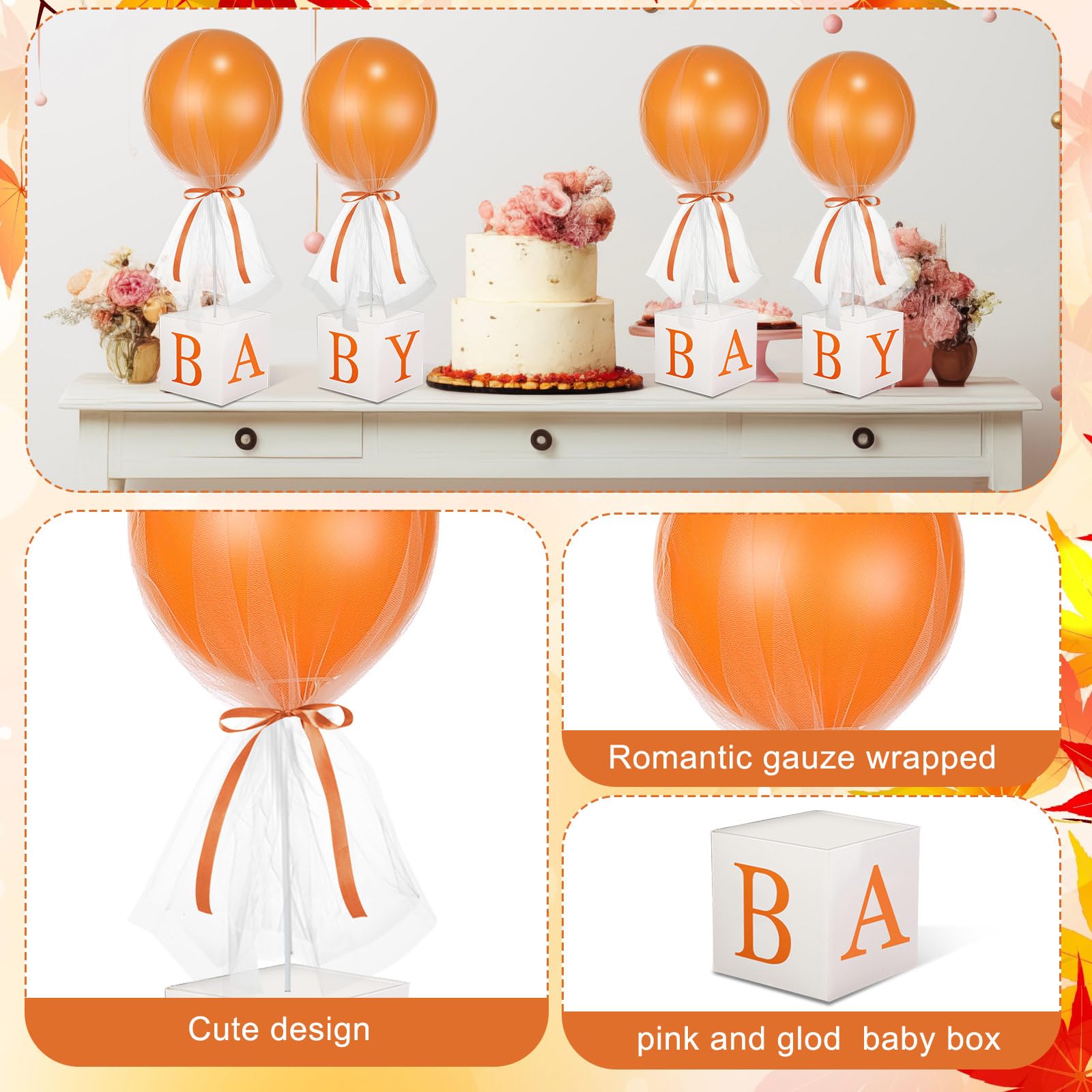 6 Set 24 Fall Pumpkin Tulle Tutu Latex Orange Balloon with Letter Boxes Autumn Baby Shower Table Centerpieces Decor for Gender