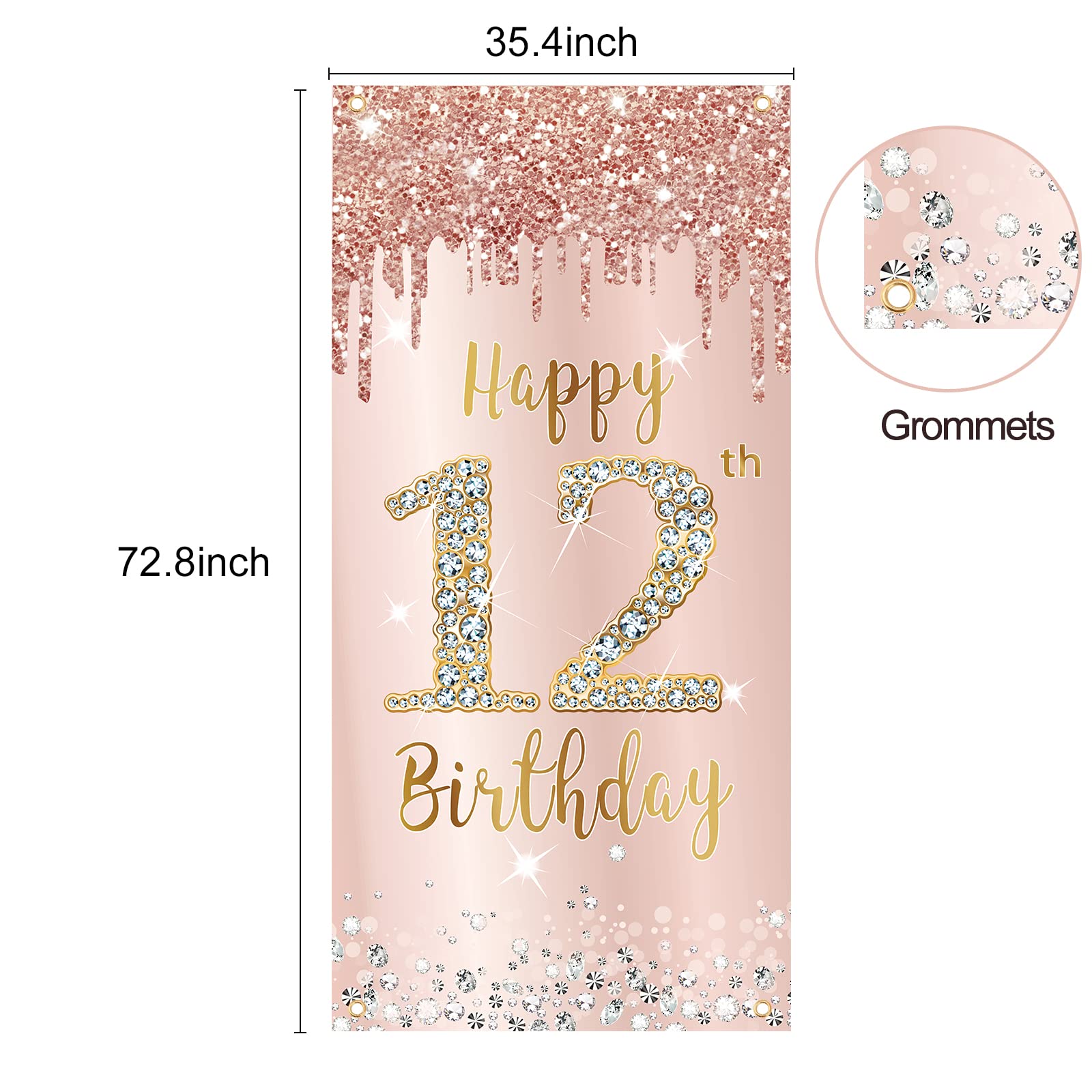 12Th Birthday Door Banner Decorations For Girls, Pink Rose Gold Happy 12 Birthday Sign Door Cover Backdrop Party Supplies, Large