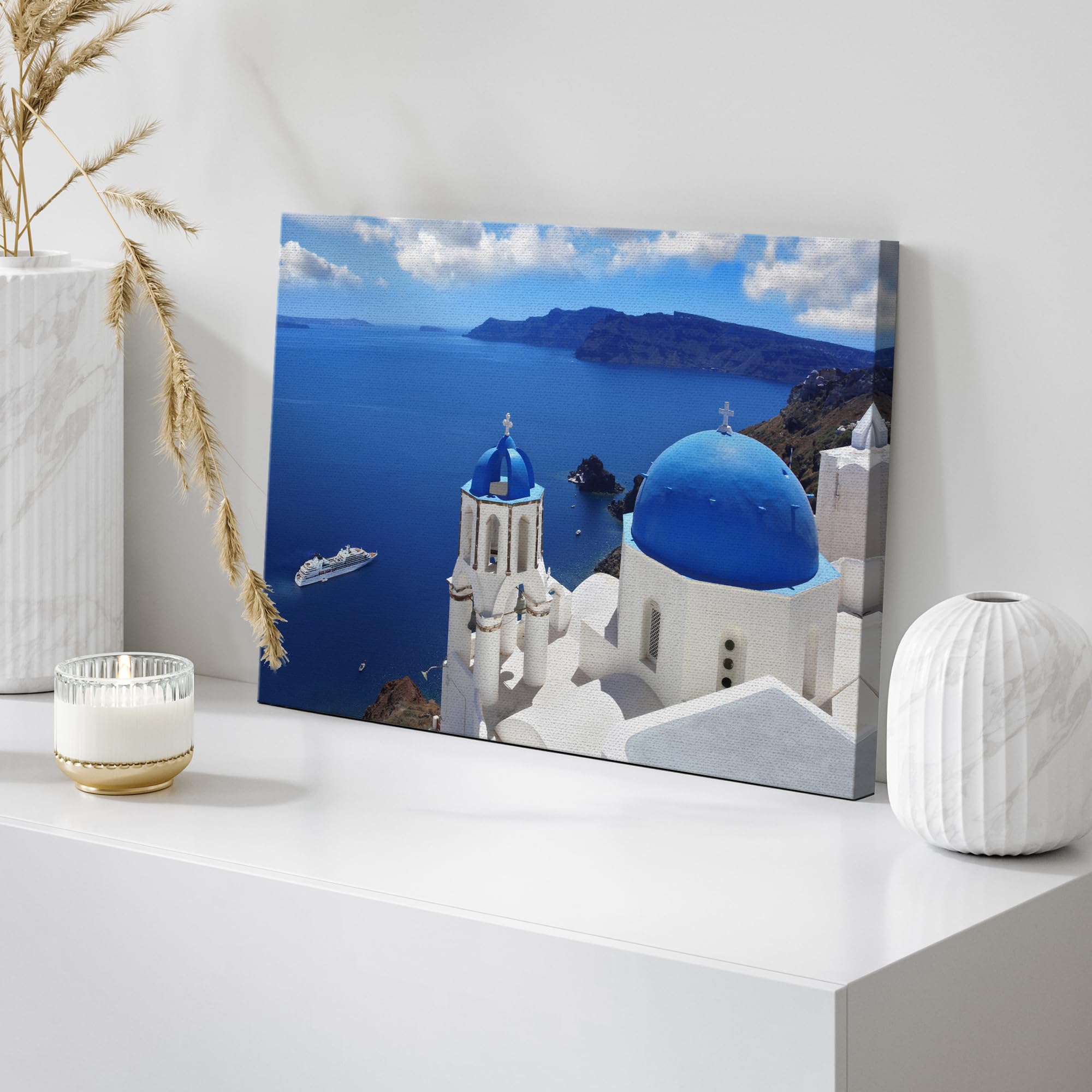 Beautiful Scenery Landscape Amazing Santorini With Churches And Sea View In Greece - Canvas Art Wall Art - 24'' X 36''