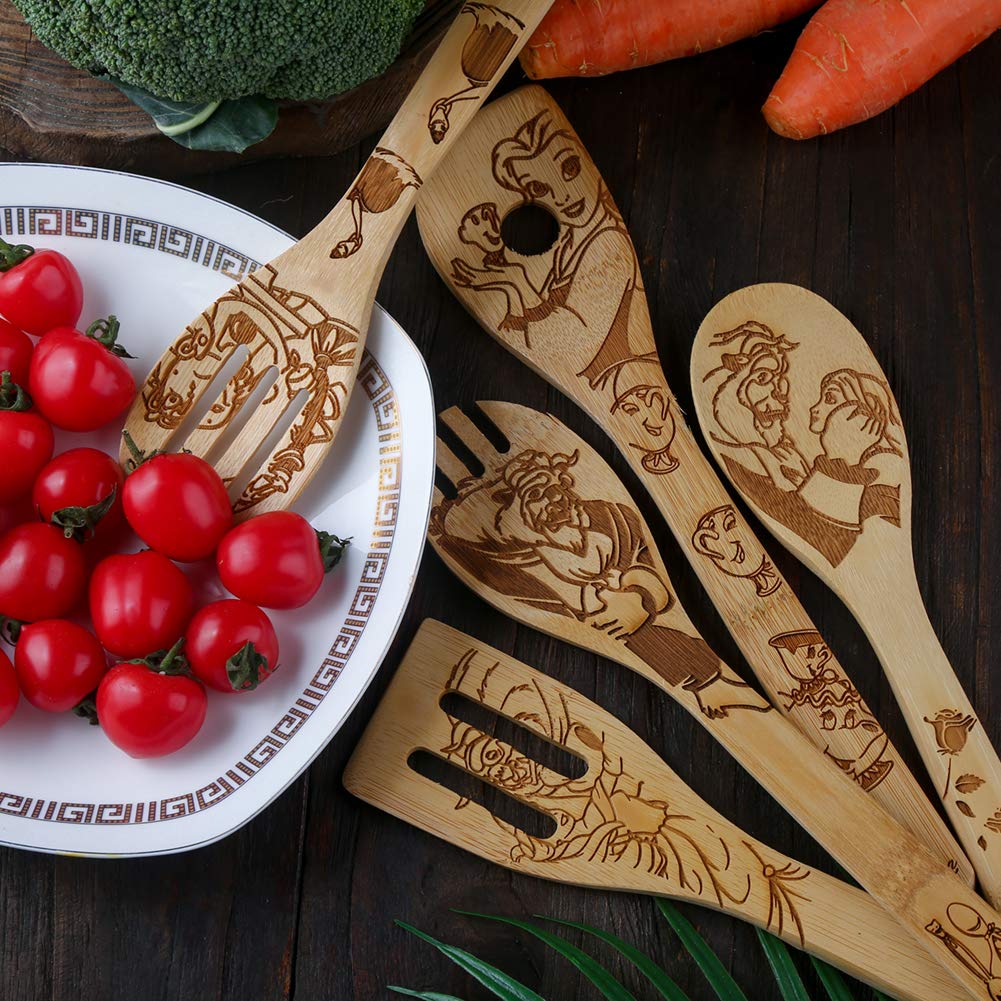 Beauty And The Beast Burned Wooden Spoons Cooking &Serving Utensils Set Bamboo Spoon Slotted Kitchen Utensil Fun Gift Idea Warmi