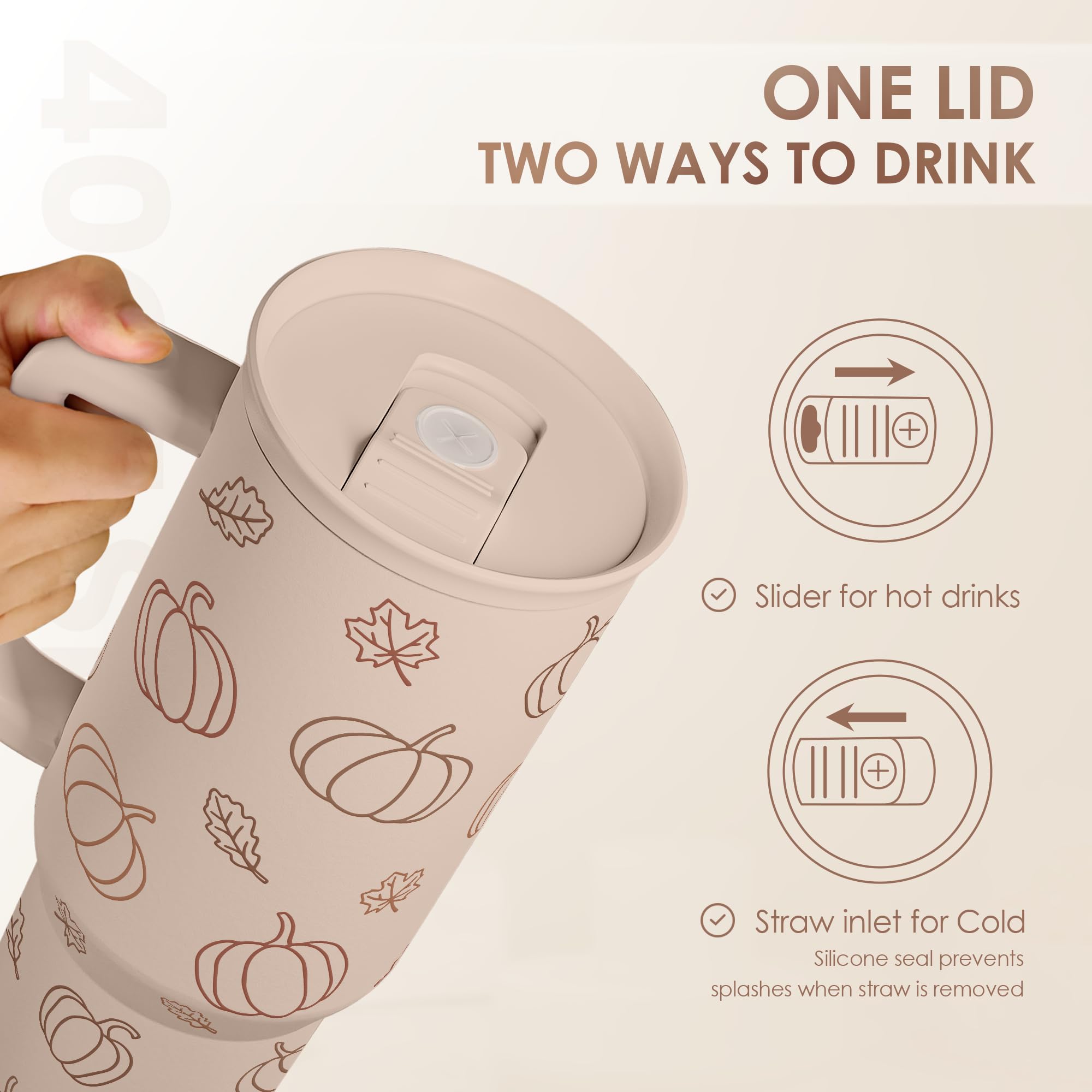 Pumpkin Tumbler with Handle and Straw 40oz - Stainless Sleel Slider Tumbler Travel Coffee Mug for Women - Gift Idea for Fall Aut