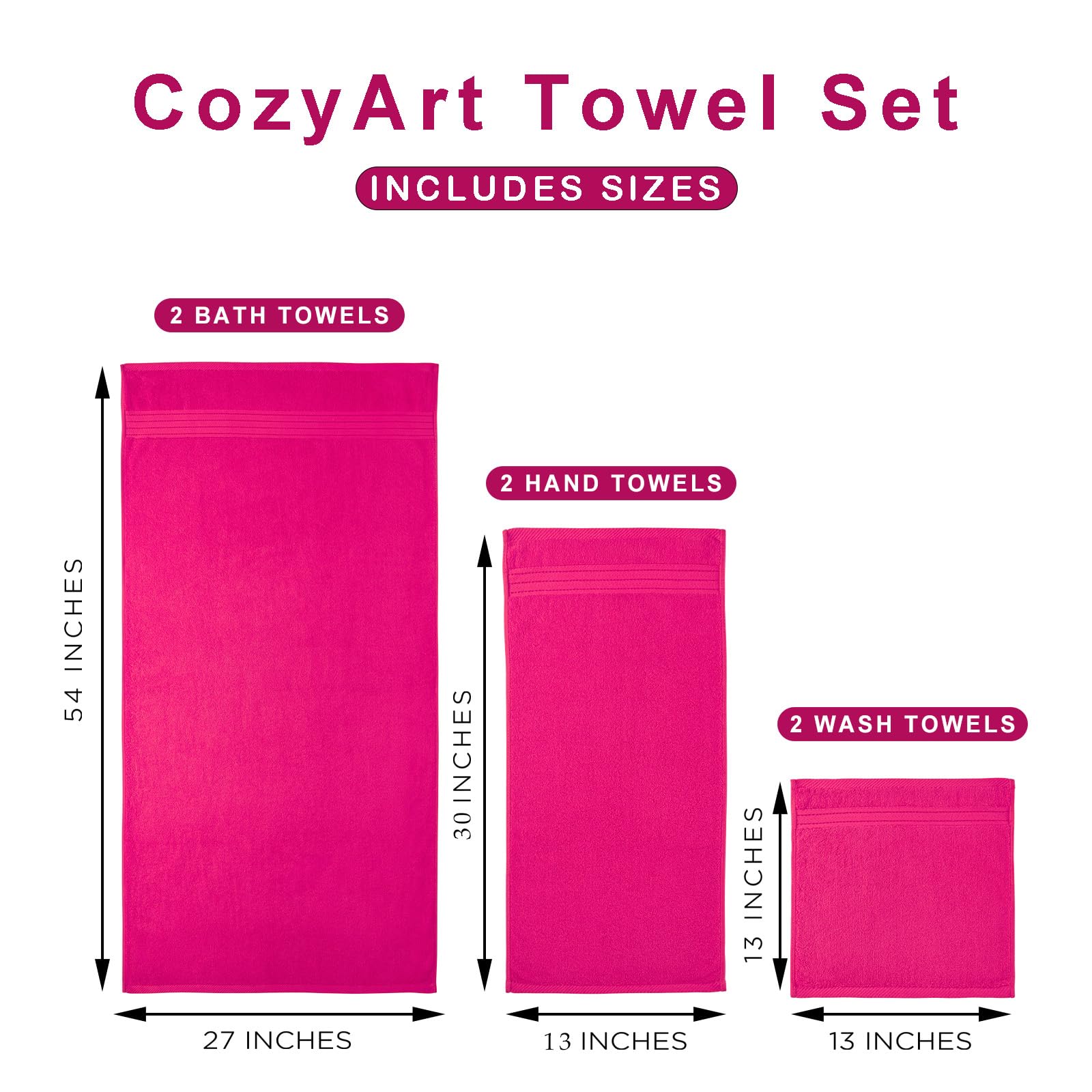 Cozyart Hot Pink Bath Towels Set, Turkish Cotton Hotel Large Bath Towels Bulk For Bathroom, Thick Bathroom Towels Set Of 6 With