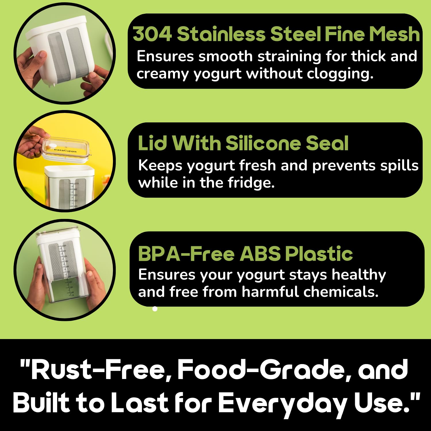 Instacuppa Greek Yogurt Strainer, 1100Ml Multi Yoghurt Maker Strainer With Fine Mesh Bag & Lid For Thick Greek Yogurt, Soybean M