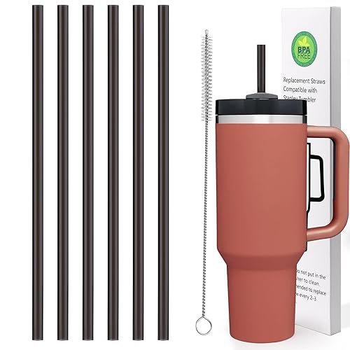 AIERSA 6Pcs Replacement Black Straw for Stanley 40oz Cups Plastic Reusable Straw for Stanley Quencher H2.0 FlowState Tumbler  Long Straws with Cleaning Brush for Stanley Cup Accessories