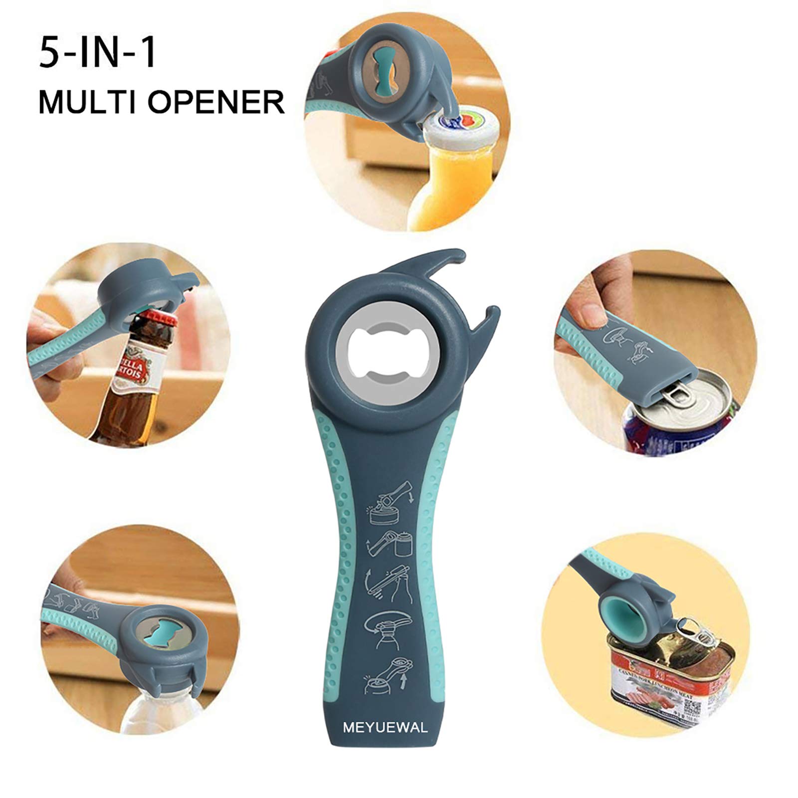 Jar Opener, 5 In 1 Multi Function Can Opener Bottle Opener Kit With Silicone Handle Easy To Use For Children, Elderly And Arthri