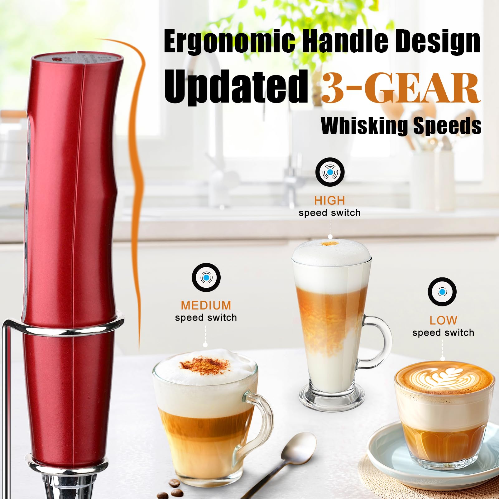 Nahida Red Milk Frother Wand For Coffee, Frother Handheld With Stand Rechargeable Electric Whisk With 3 Heads 3 Speeds Drink Mix