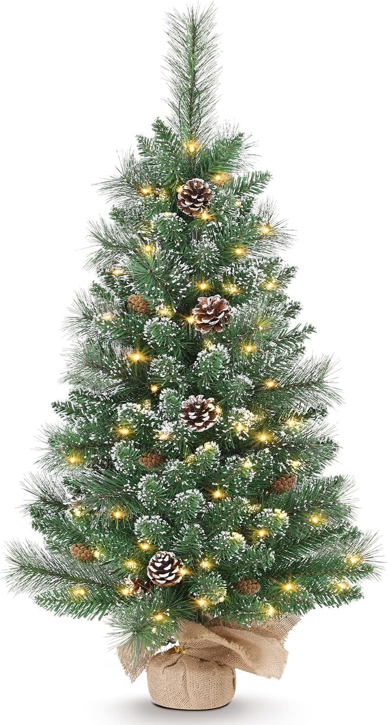 Tabletop Christmas Tree, 3FT Burlap Base with 35 LED Lights, White Tipped Branches, Prelit Small Artificial Tabletop Snow Flocke