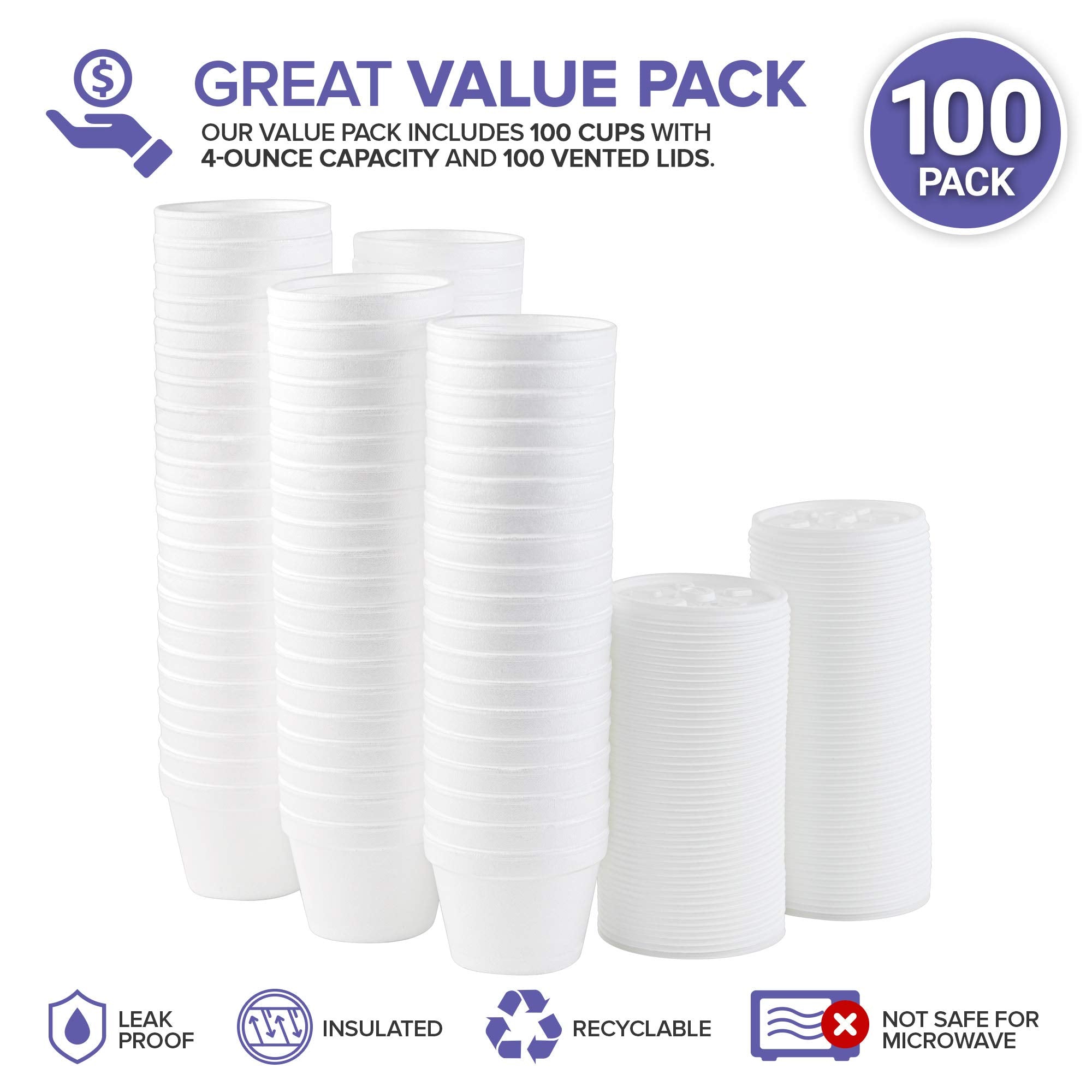 Stock Your Home 4 Ounce Foam Bowls With Lids (100 Count) - Foam Bowls With Lids - Insulated To Go Foam Cups - To Go Containers F