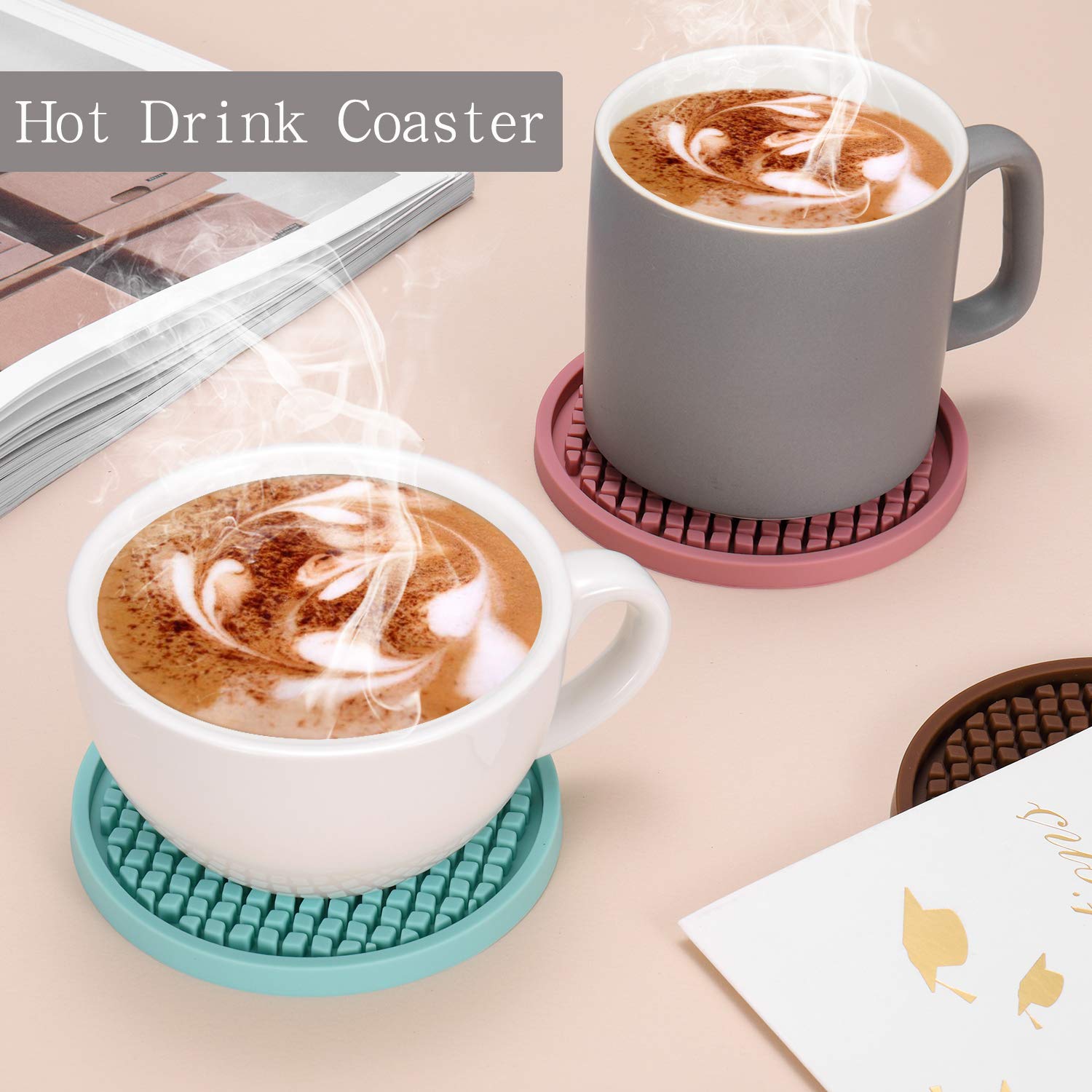 ME.FAN Silicone Coasters [6 Pack] Thickened Drink Coasters with Holder - Cup Mat - Non-Slip  Non-stick  Stay Put  Deep Tray - Prevents Furniture and Tabletop Damages(Black)