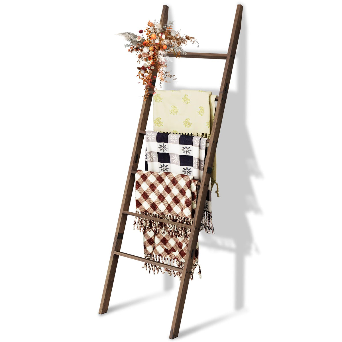 Acacia Wood 6-Tier Blanket Ladder, 5.7Ft(66.5'') Blanket Quilt Towel Holder Rack Decorative Ladder Wooden, Easy Assembly, Rustic