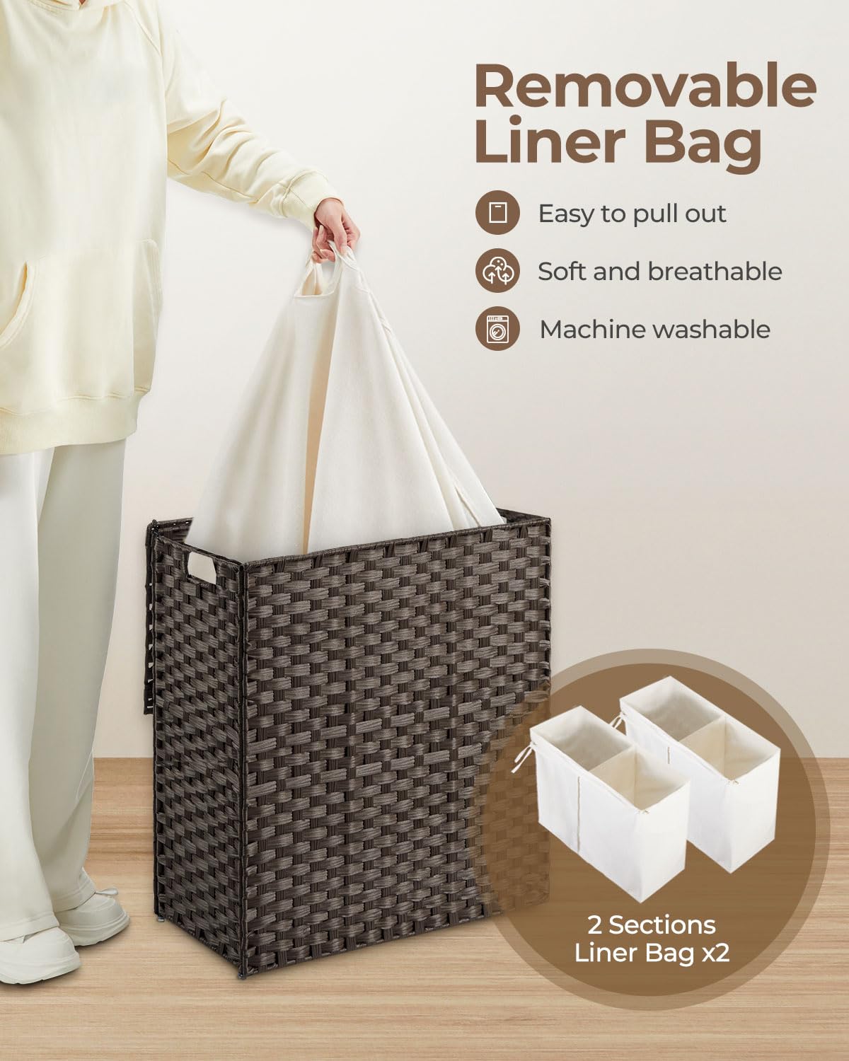 Greenstell Laundry Hamper With Lid, No Install Needed, 90L Wicker Laundry Baskets Foldable 2 Removable Liner Bags, 2 Section Clo