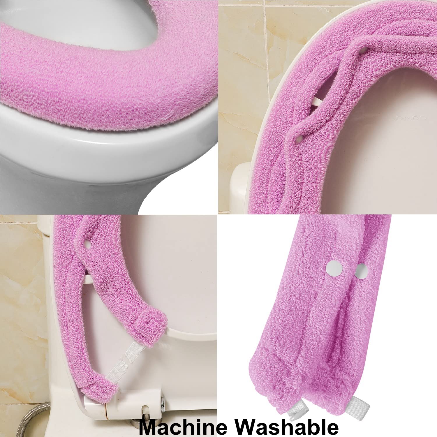 Toilet Seat Cover Bathroom Soft Thicker Warmer with Snaps Fixed Stretchable Washable Fiber Cloth Toilet Seat Covers Pads Easy Installation& Cleaning (purple)