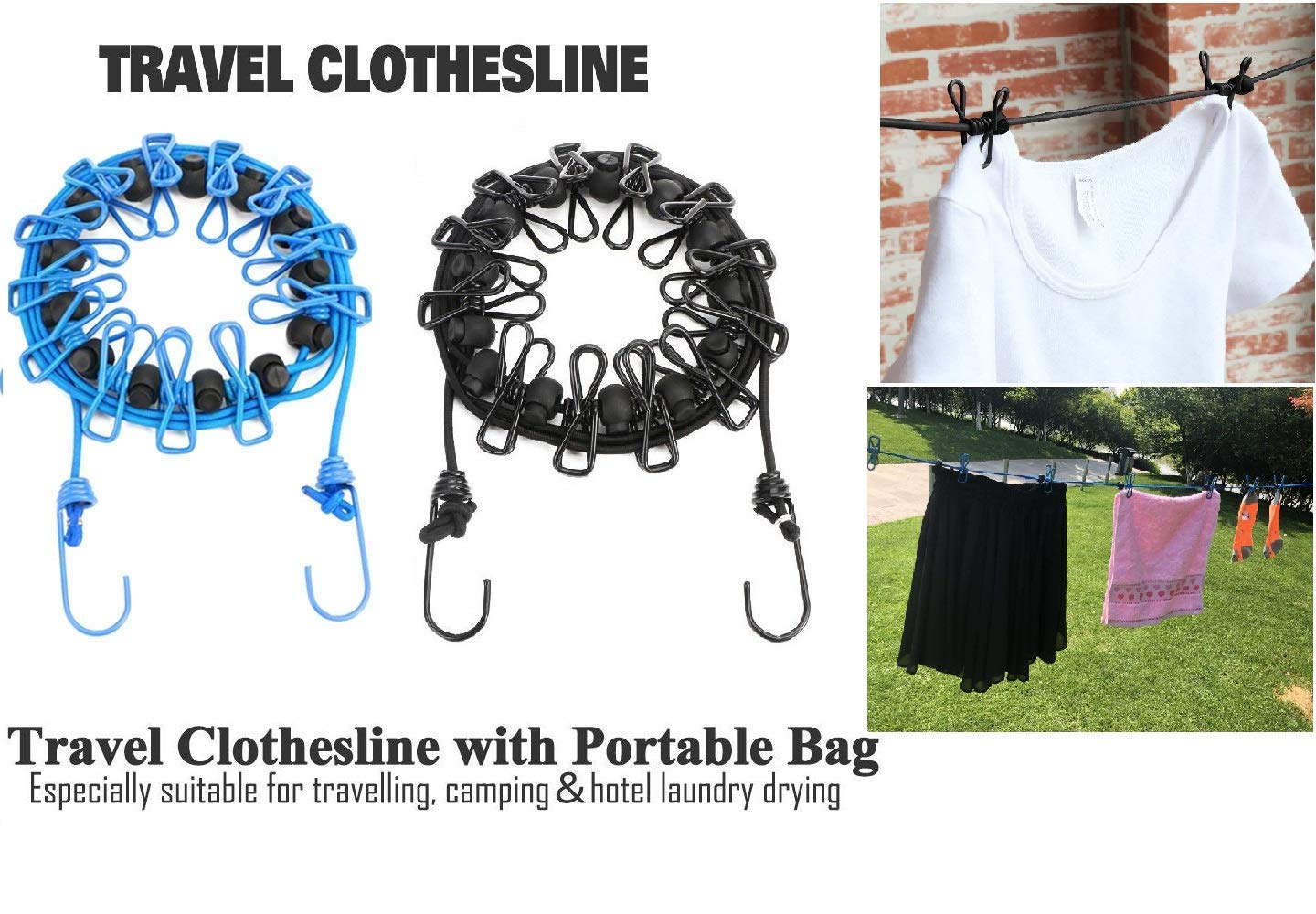 Newraturner 2 Pack Portable Clothesline With 12 Clothespins, Windproof Travel Stretchy Retractable Elastic Laundry Clothes Line