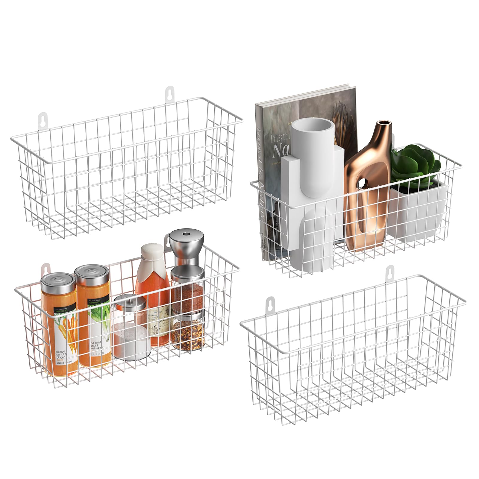 MaraFansie Wire Basket 4-Pack [Extra Large] Hanging Wall Organizer Cabinet Storage Basket Wall Mounted Shelves Rustic Farmhouse 