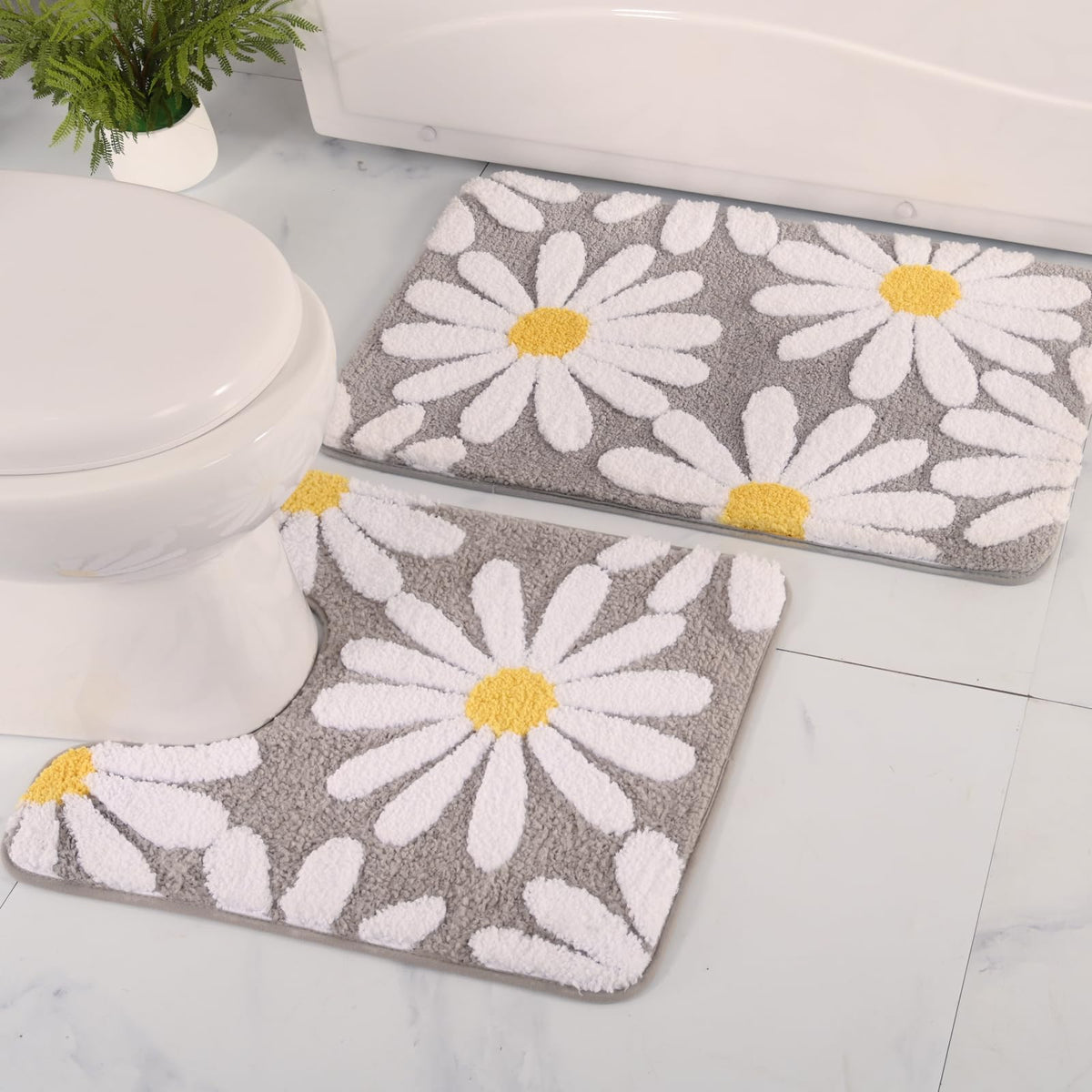 Qjhomo Bathroom Rugs Set 2 Piece, Cute Daisy Bath Mat Gray Toilet Rug U Shaped, Flower Deocr Bathroom Set Non Slip Contour Bathm