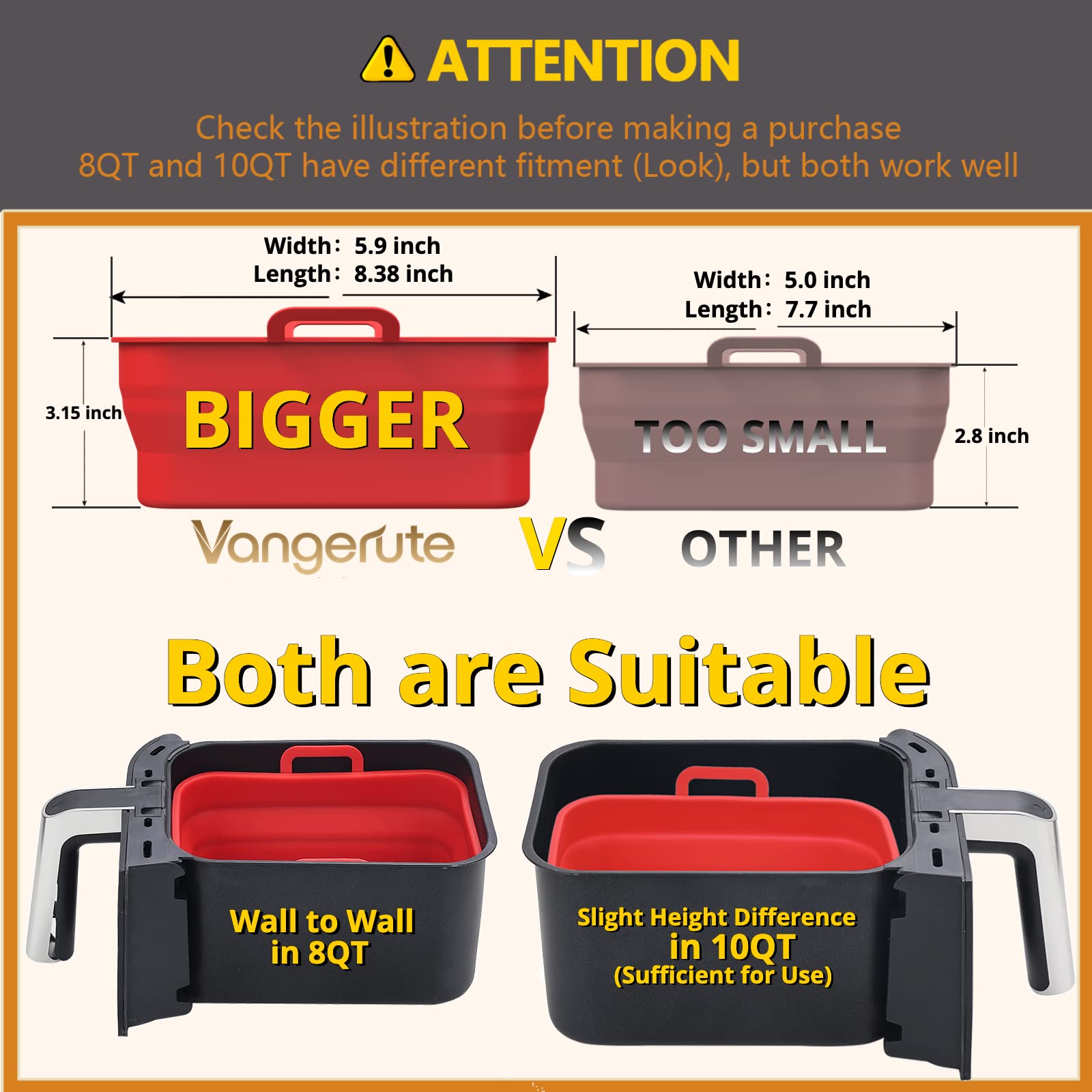 Vangerute Collapsible 2-Pack Air Fryer Silicone Liners for 8QT & 10QT NINJA Foodi Dual Air Fryer Rectangular Air Fryer Silicone Pot  Reusable Silicone Air Fryer Basket for Air Fryer Accessories(Red)