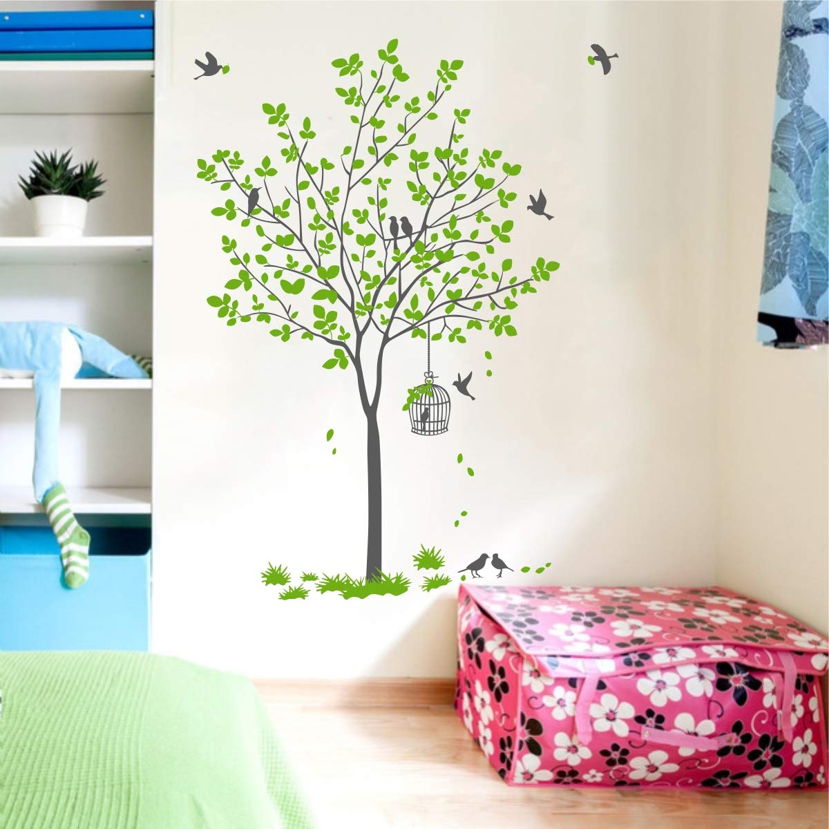 Decal O Decal Wall Decals ' Green Tree With Birds And Nest ' Wall Stickers (Pvc Vinyl,Multicolour)