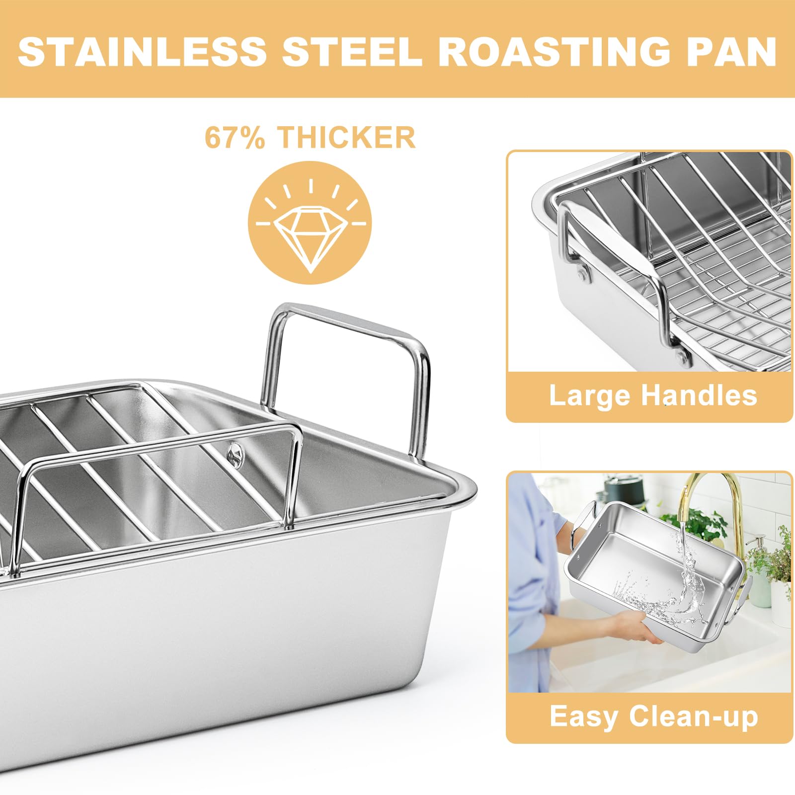 Roasting Pan, 14*10 Inch Stainless Steel Turkey Roaster With Rack - Deep Broiling Pan & V-Shaped Rack & Flat Rack, Non-Toxic & H