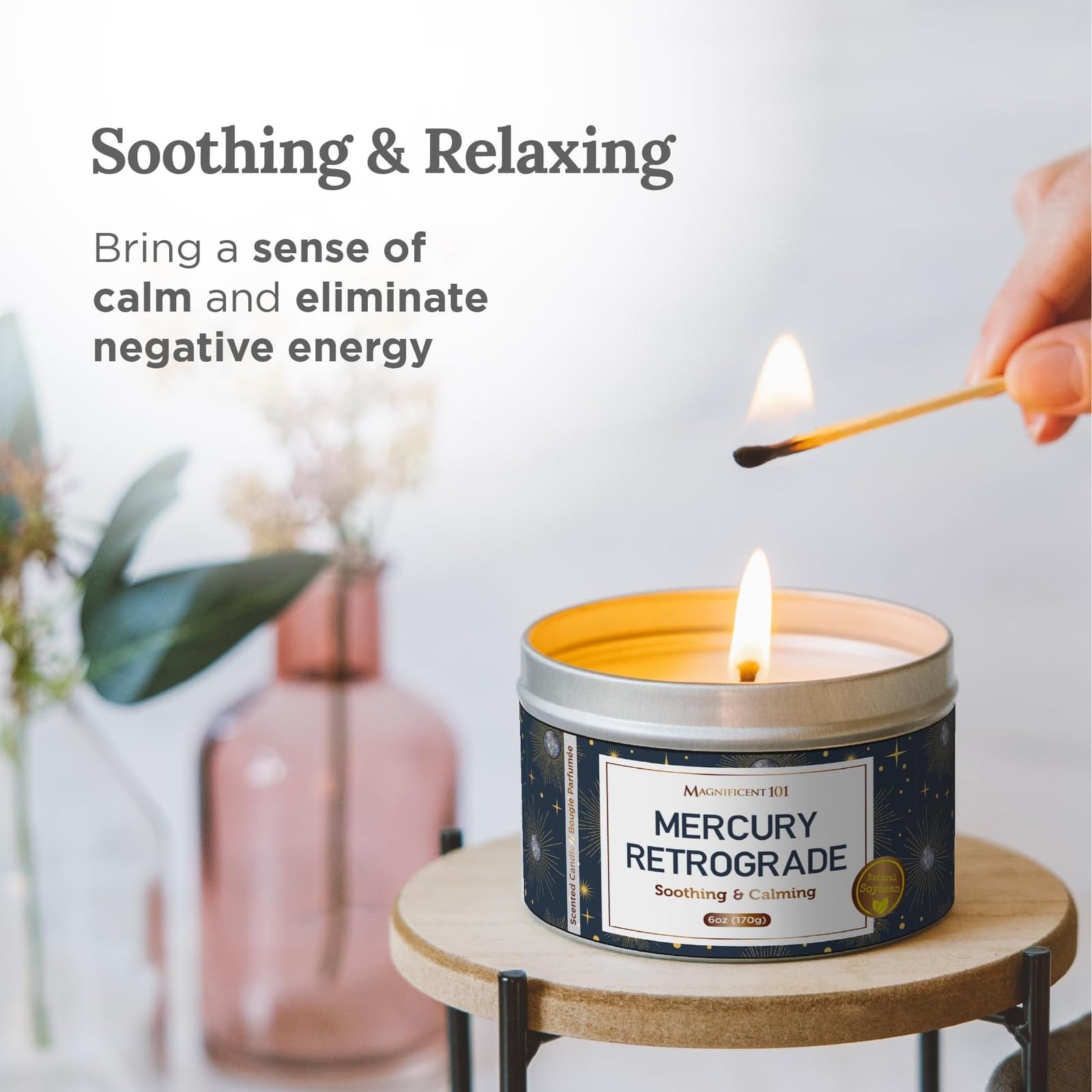 Magnificent 101 Mercury Retrograde Aromatherapy Candle - 6 Oz - 30 Hour Burn  All Natural & Organic Soy Wax Tin Candle for Purif