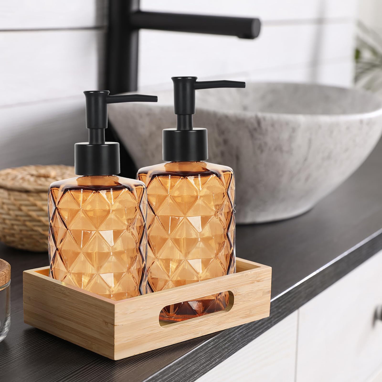 Ulable Dark Brown Glass Soap Dispenser With Pump, 12Oz Diamond Design Hand Soap Dispenser, Refillable Lotion Dispenser & Dish So
