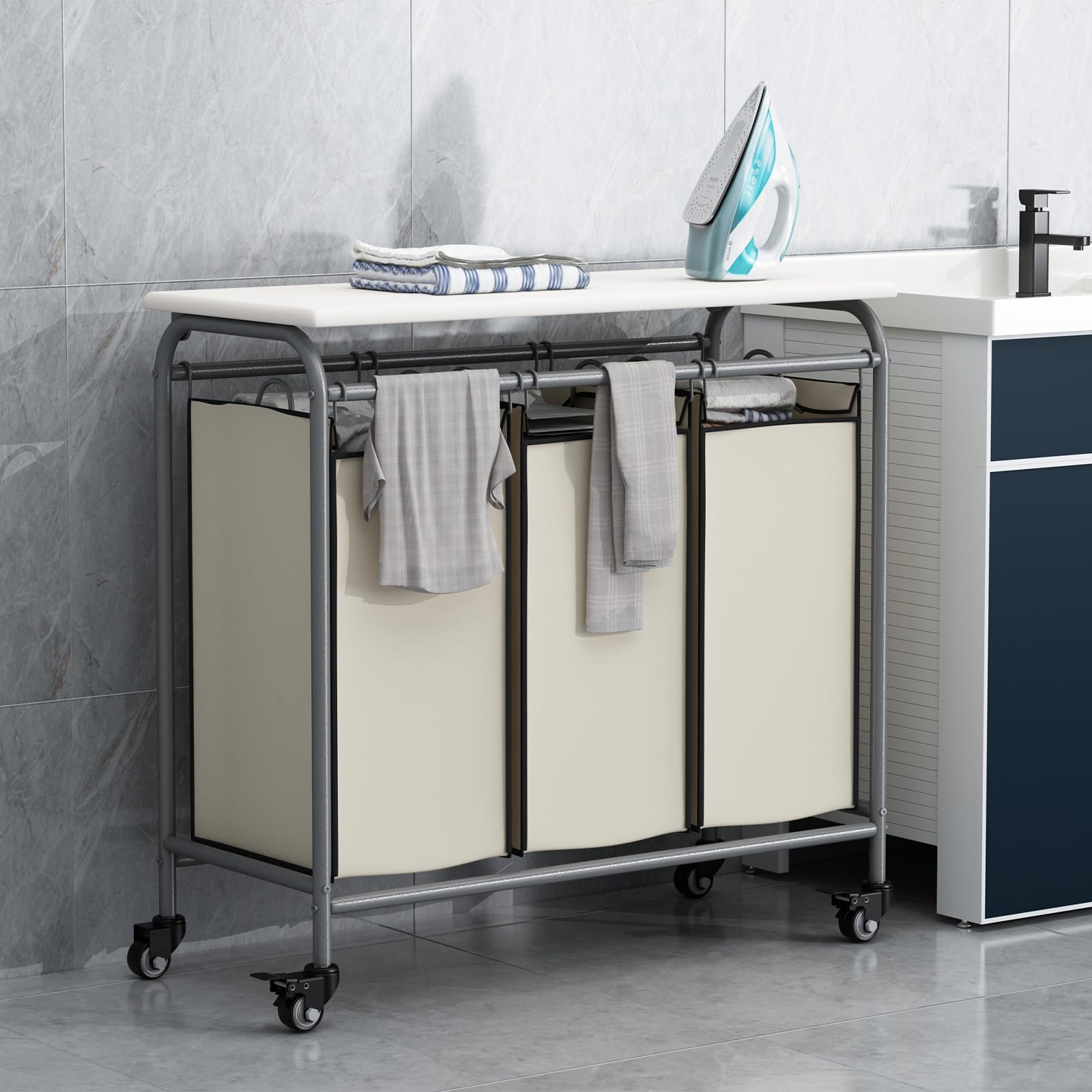 LINZINAR 3-Bag Laundry Sorter Cart with Ironing Board, Large, Black, Model AZ9000, Heavy Duty, Rolling with Lockable Wheels