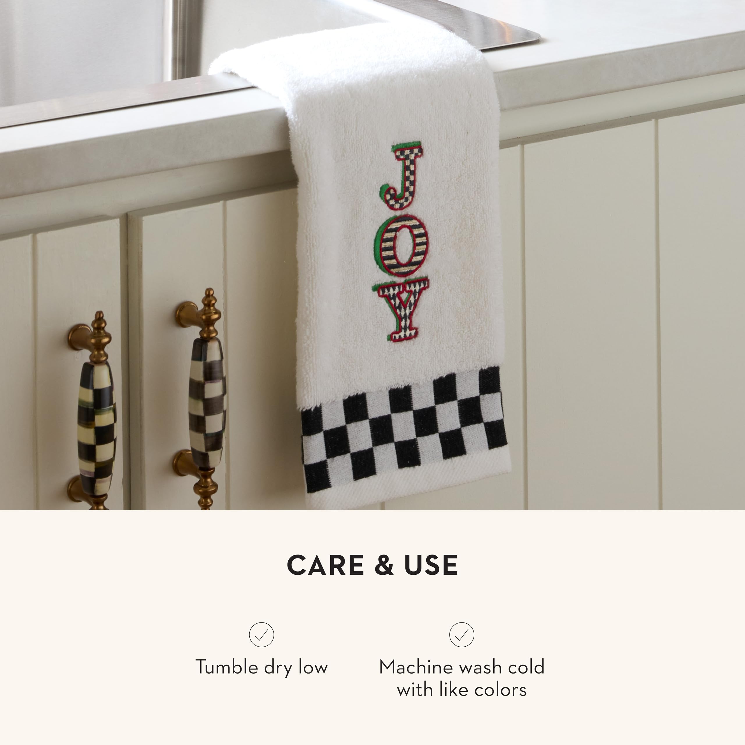 Mackenzie-Childs Cotton Hand Towel, Cute Decorative Hand Towel For Bathroom Or Kitchen, Joy Check