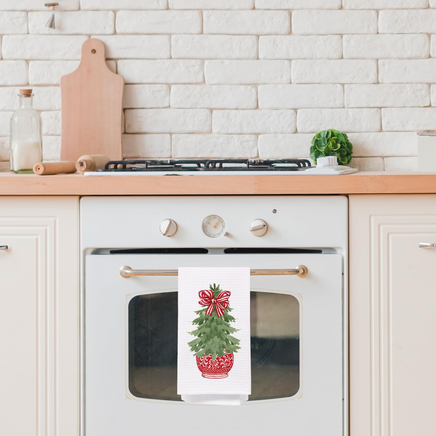 Chinoiserie Christmas Tree Kitchen Towels, Christmas Red Stripe Bow Decorative Hand Towels For Bathroom, Christmas Dish Towels F