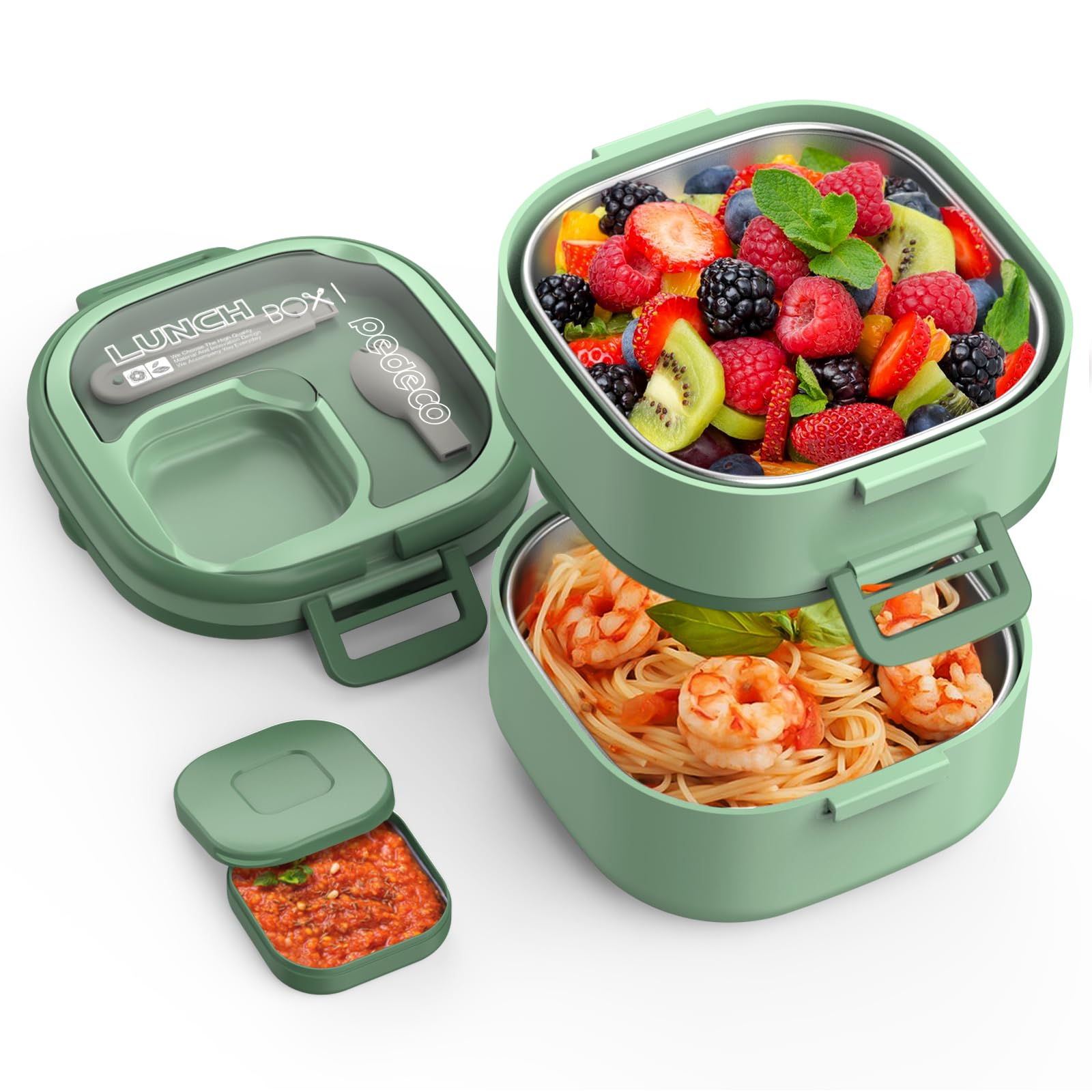 PEDECO Double-Layer Bento Lunch Box for Kids & Adults with Removable Stainless Steel Dividers,Dressing Container,BPA-Free,Dishwa