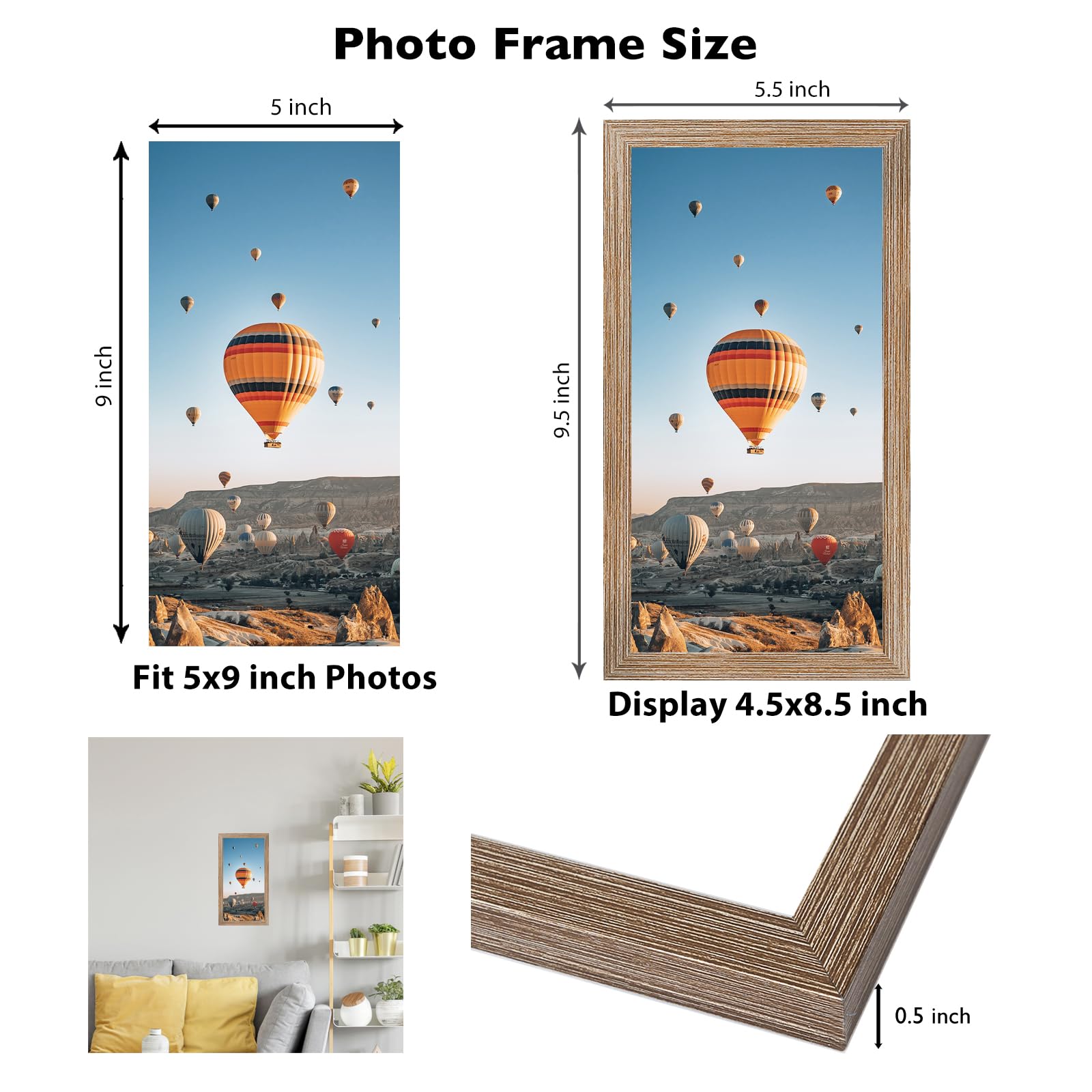 JCJMY 5x9 Picture Frame Rustic Brown for Wall Hanging or Tabletop, Wall Mounting Horizontally or Vertically, 5 x 9 Wall Gallery