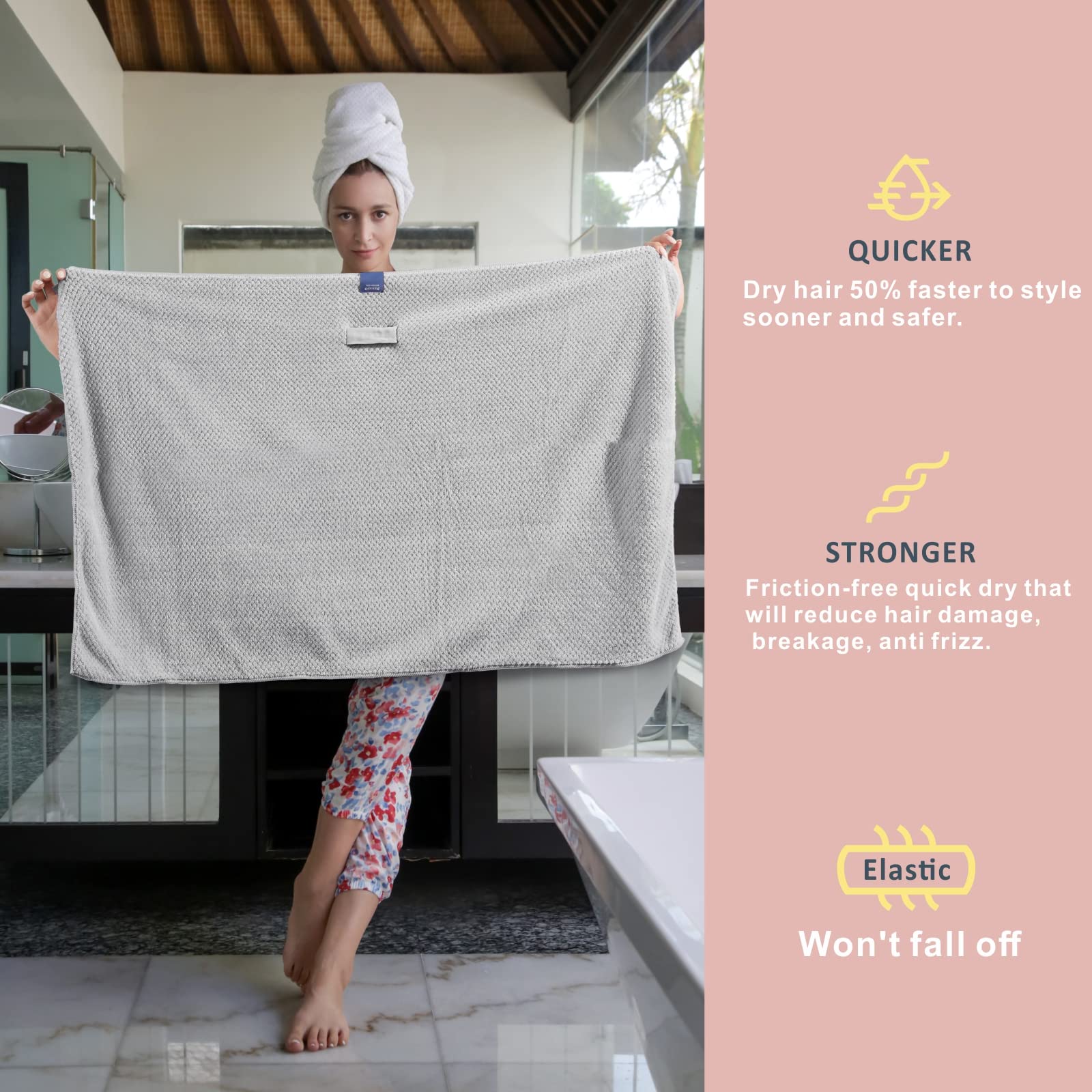 BYCOO 2 Pack Large Microfiber Hair Towel Wrap for Women, Anti Frizz Hair Drying Towel, Fast Dry Hair Turban for Wet Hair, Long,