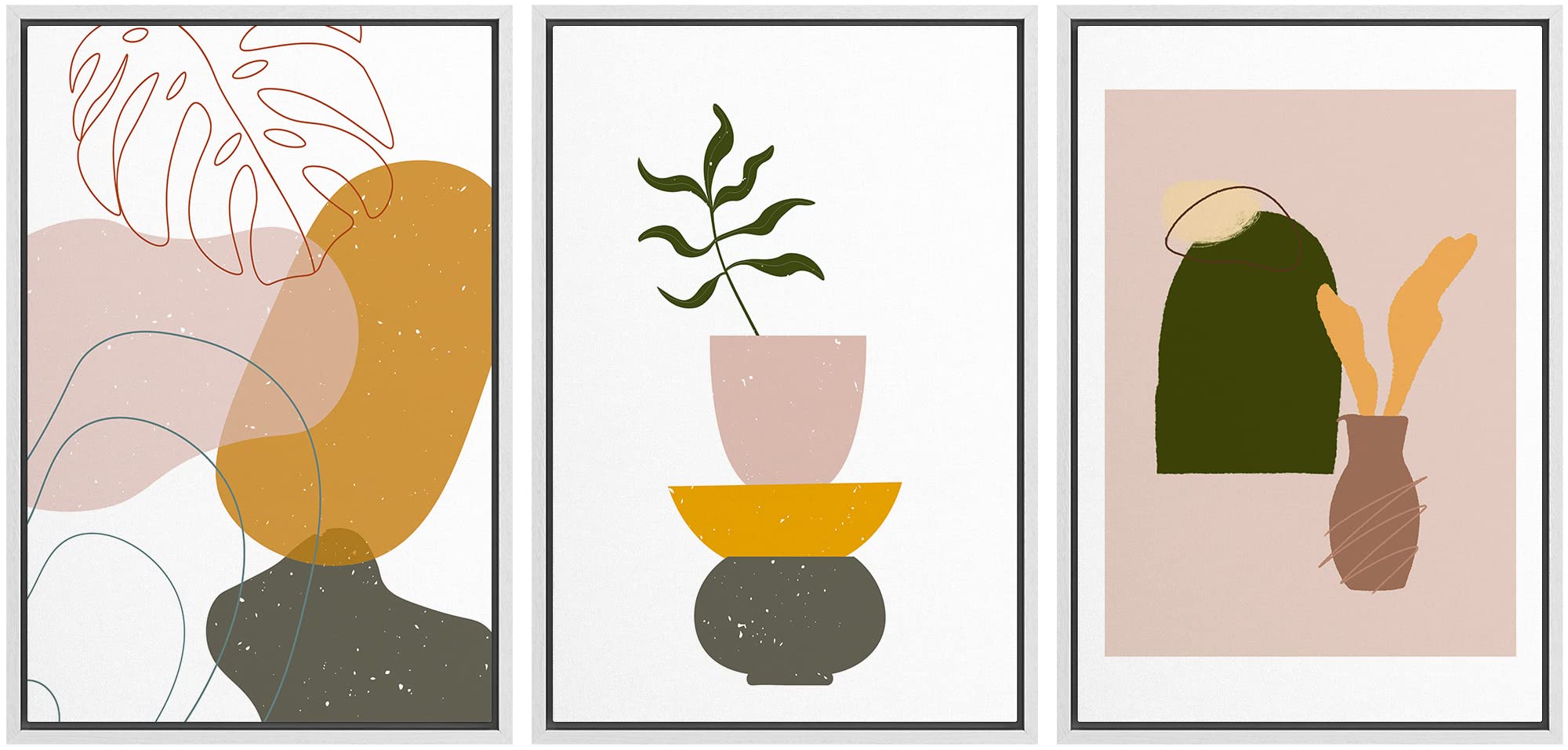 Idea4Wall Framed Wall Art Print Set Monstera Leaf Line Art With Potted Plants Geometric Flower Illustrations Modern Art Rustic C