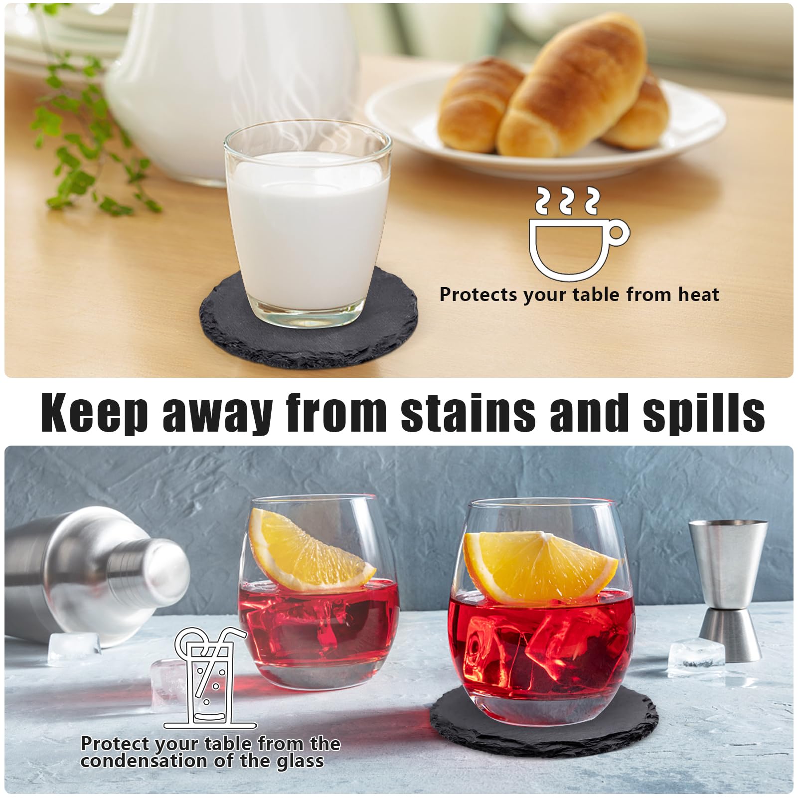 12 Pack Slate Drink Coasters With Metal Holder, Vibratite 4 Inch Black Stone Coasters Bulk With Anti-Scratch Bottom For Drink Co