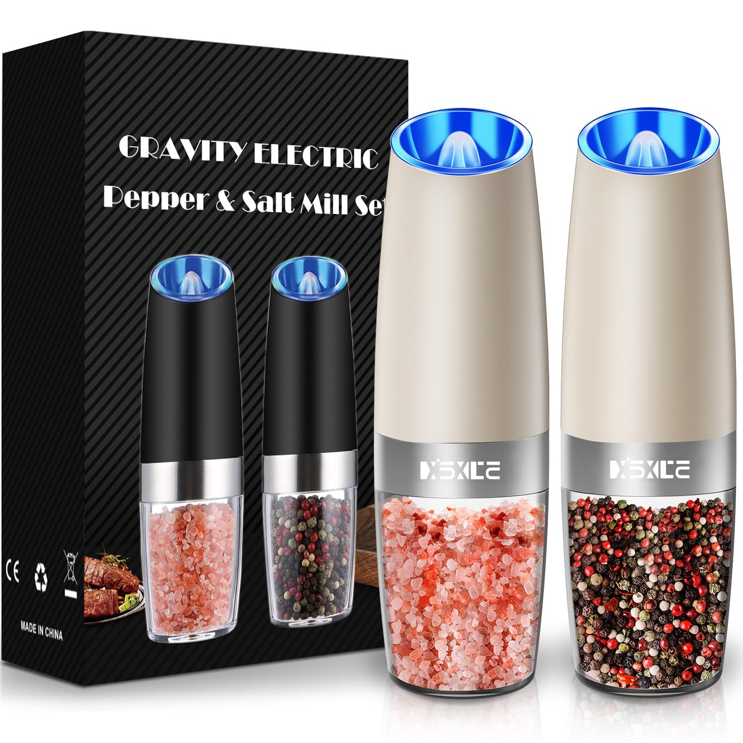 XinXu Gravity Electric Pepper and Salt Grinder Set, Adjustable Coarseness, with LED Light, One Hand Automatic Operation (Set/Kha