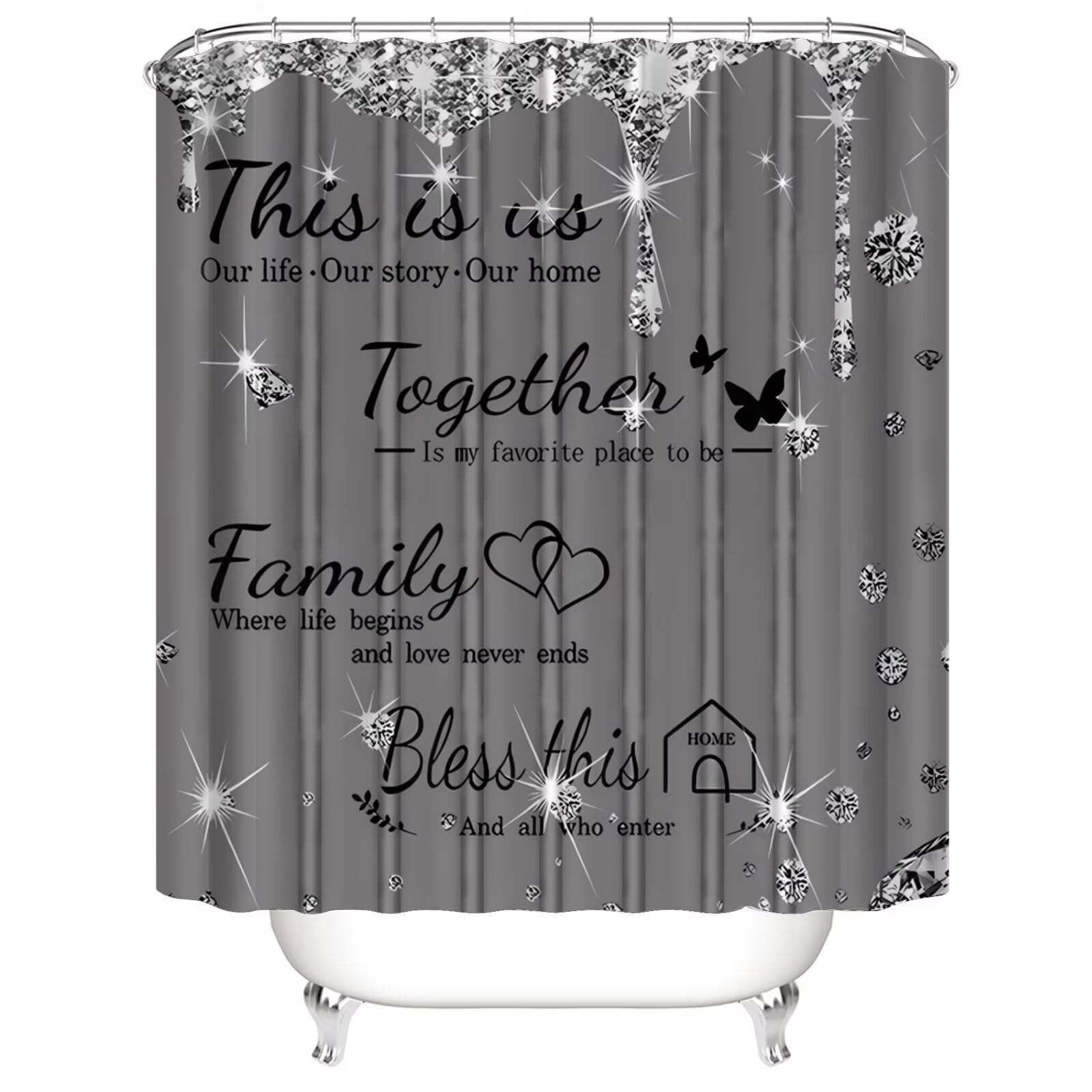 Azhm Sparkling Diamond Letter Printed Shower Curtain Set For Bathroom 4 Pcs Family Bathroom Accessory Decor Sets With Shower Cur