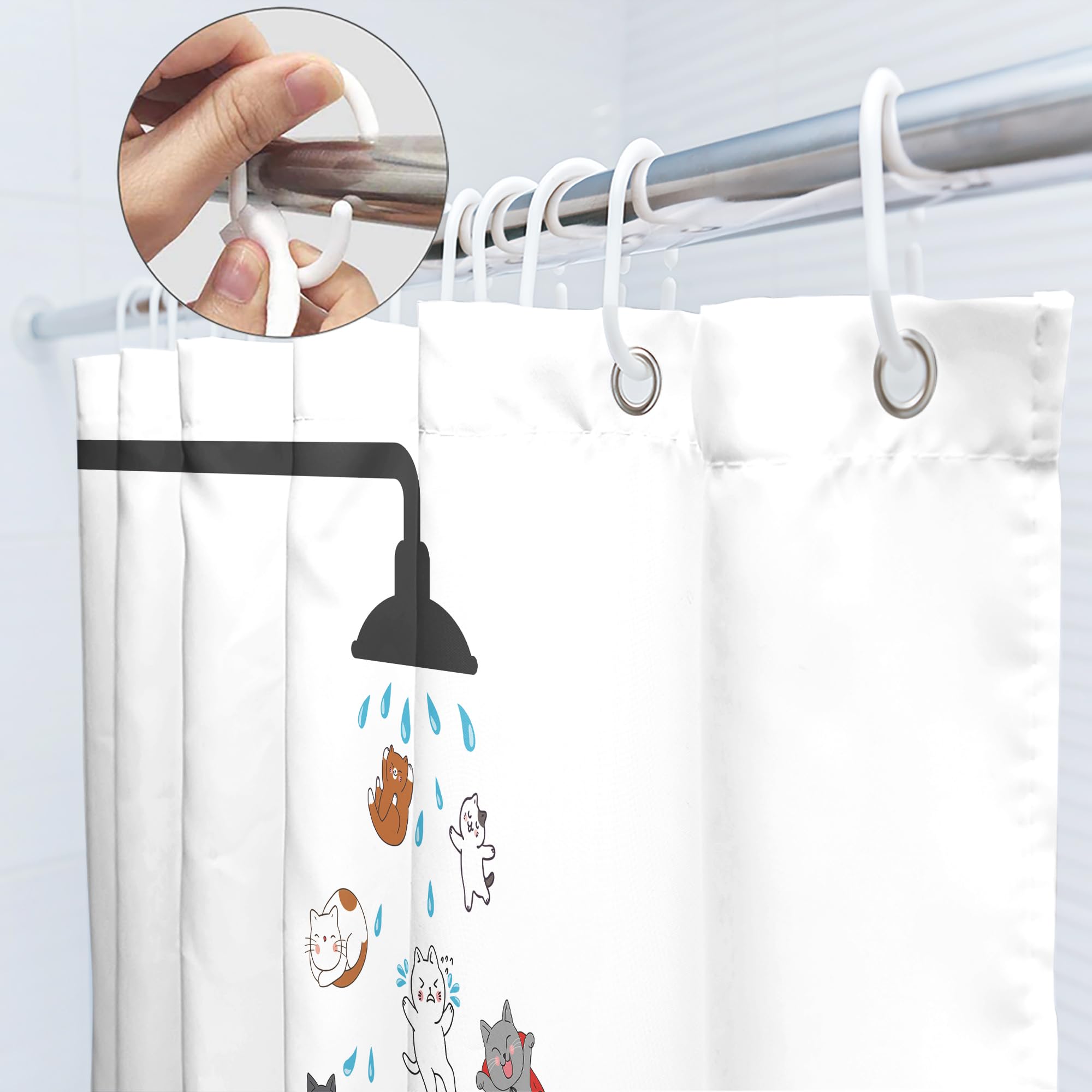 SVBright Cute Cat Shower Curtain 60Wx72L Inch Kids Funny Cartoon Raining Kitty Animal Hilarious Pets Playing Water Kawaii Boys Girl 12 Pack Hooks Polyester Waterproof Fabric Bathroom Bathtub Panels