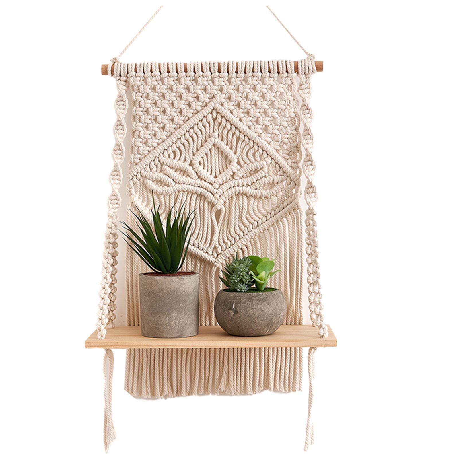 Decazone Macrame Indoor Wall Hanging Shelf Chic Decor Wood Floating Boho Shelves with Wooden Dowel Hand Woven Bohemian Decor for