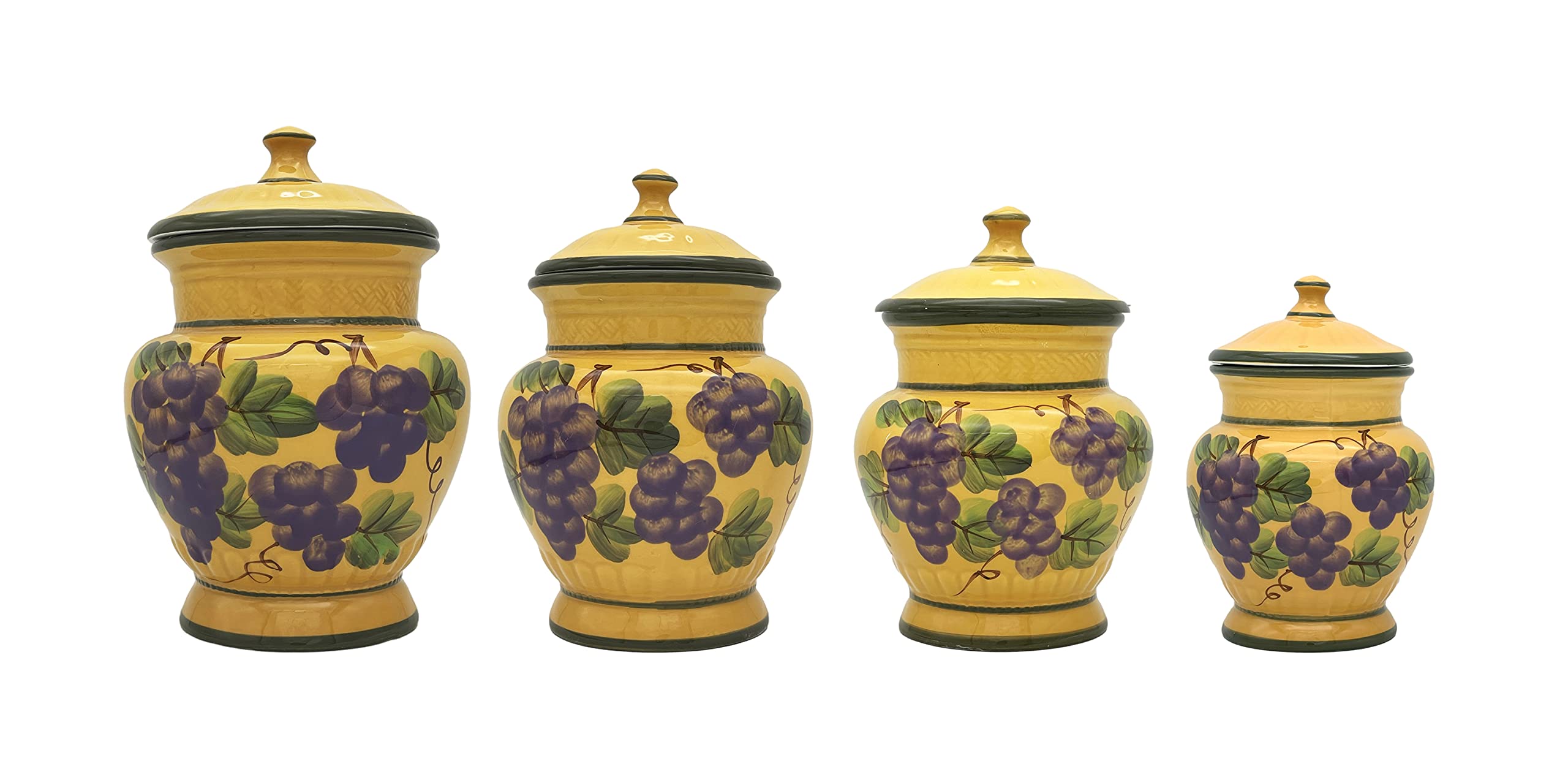 ACK Tuscany Grape Hand Painted Ceramic 4PCs Canister Set with Lid, Kitchen Storage Jar, Food Storage Container, Airtight Storage