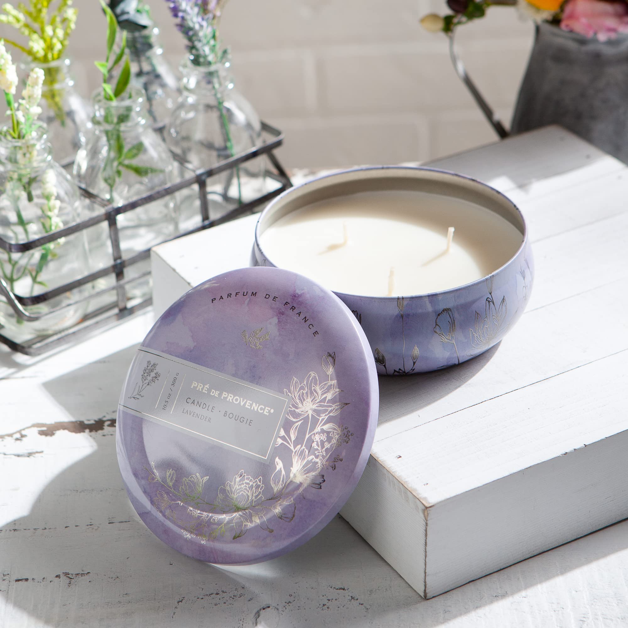 Pre de Provence Heritage Home Fragrance Collection Three Wick Candle Tins, 10.5 oz, Lavender