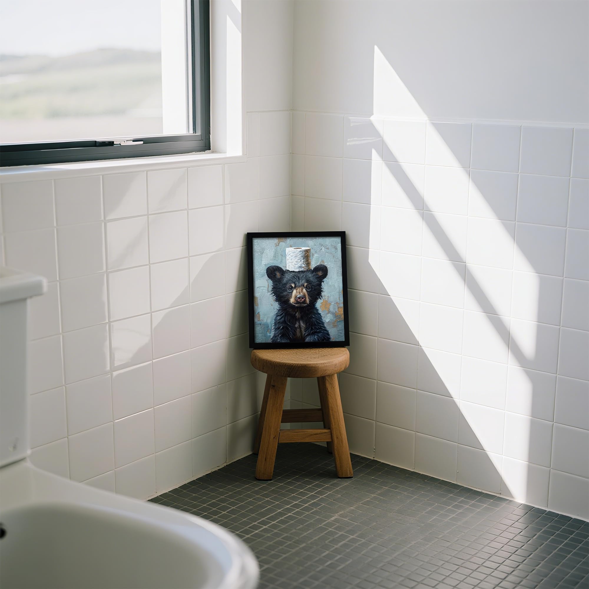 Framed Cute Black Bear Bathroom Canvas Wall Art Decor, Funny Animal Bathroom Decor Adorable Bear with Toilet Paper Picture Print