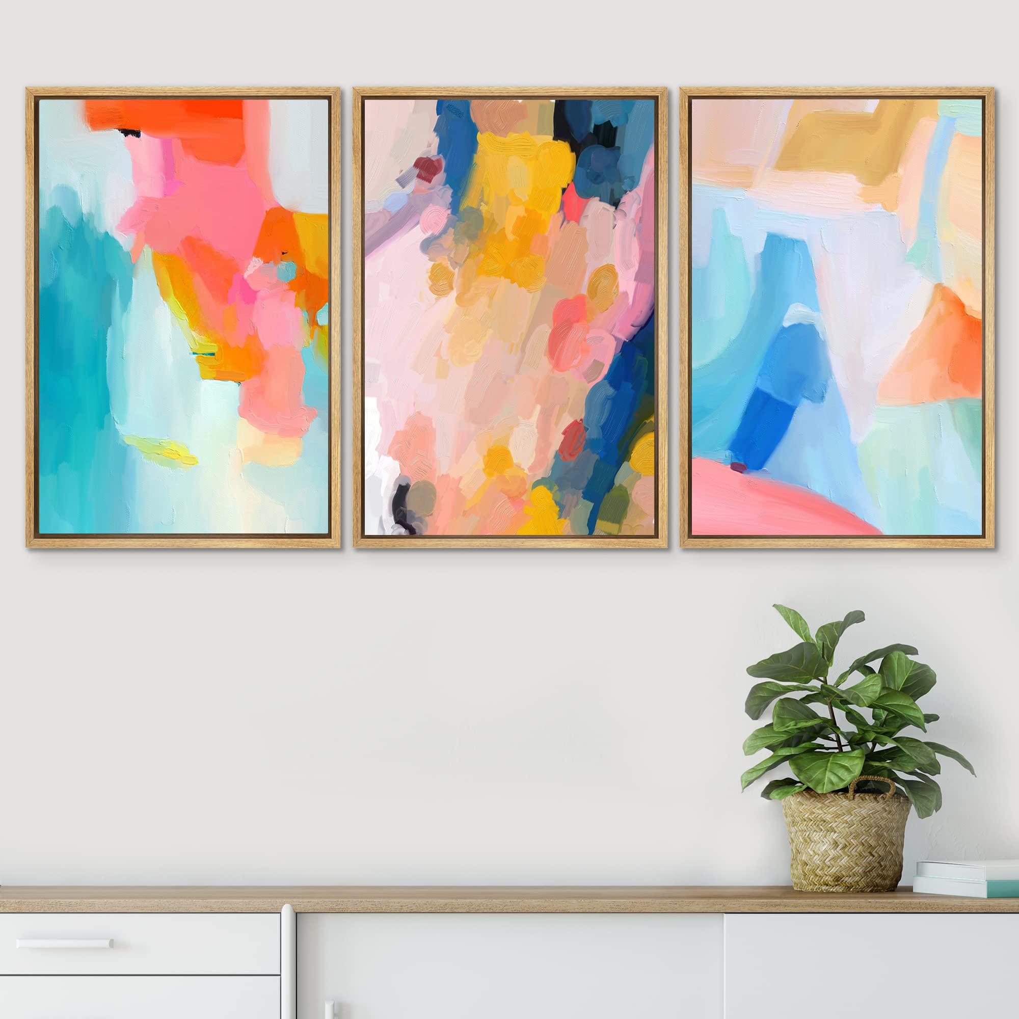 Signwin Framed Canvas Print Wall Art Set Vibrant Rainbow Paint Stroke Collage Shapes Abstract Illustrations Modern Art Decorativ