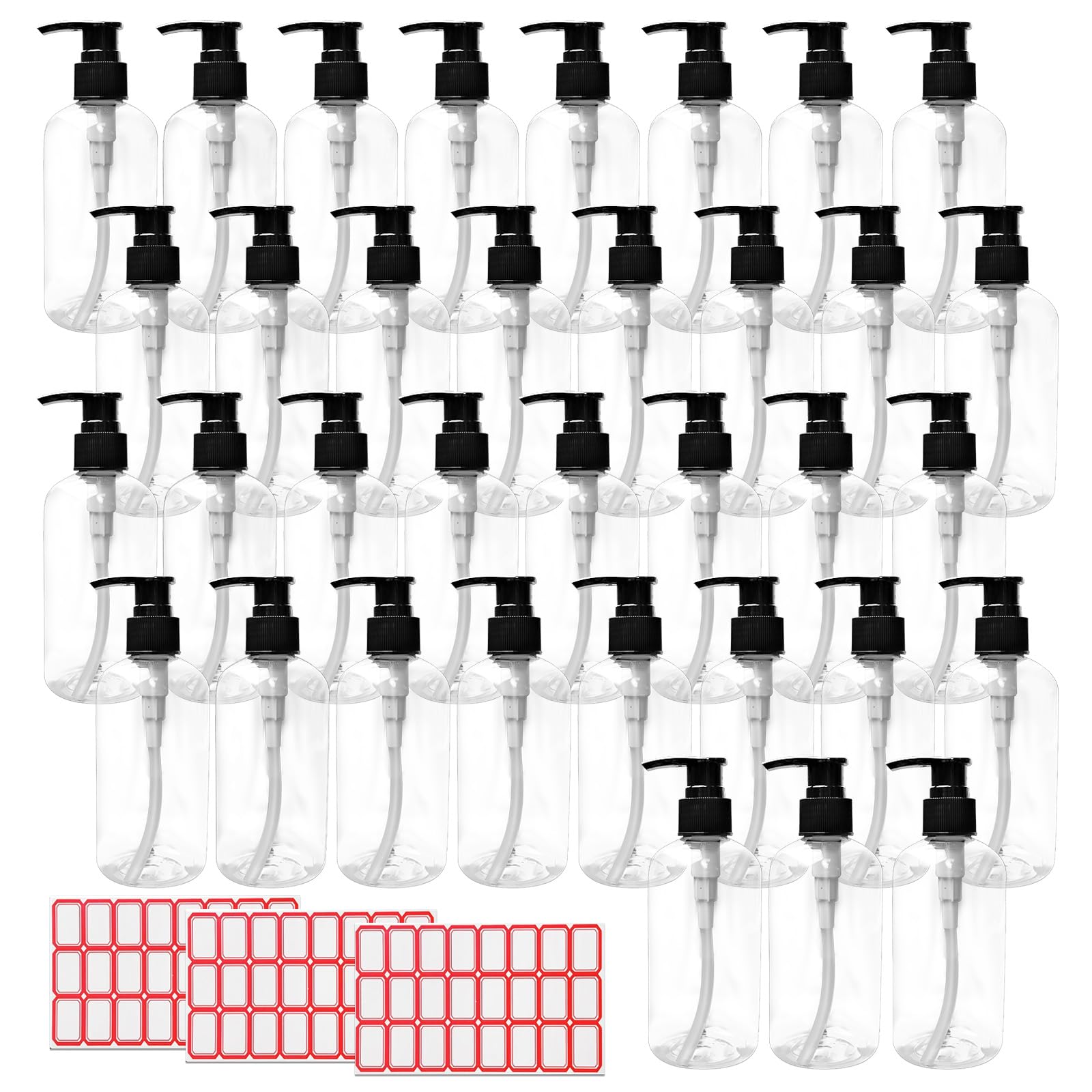 LECEHIVO 35 Pcs 10 oz Plastic Pump Bottle Dispenser with Labels, Empty Lotion Clear Bottle with Pump Portable Refillable Travel 