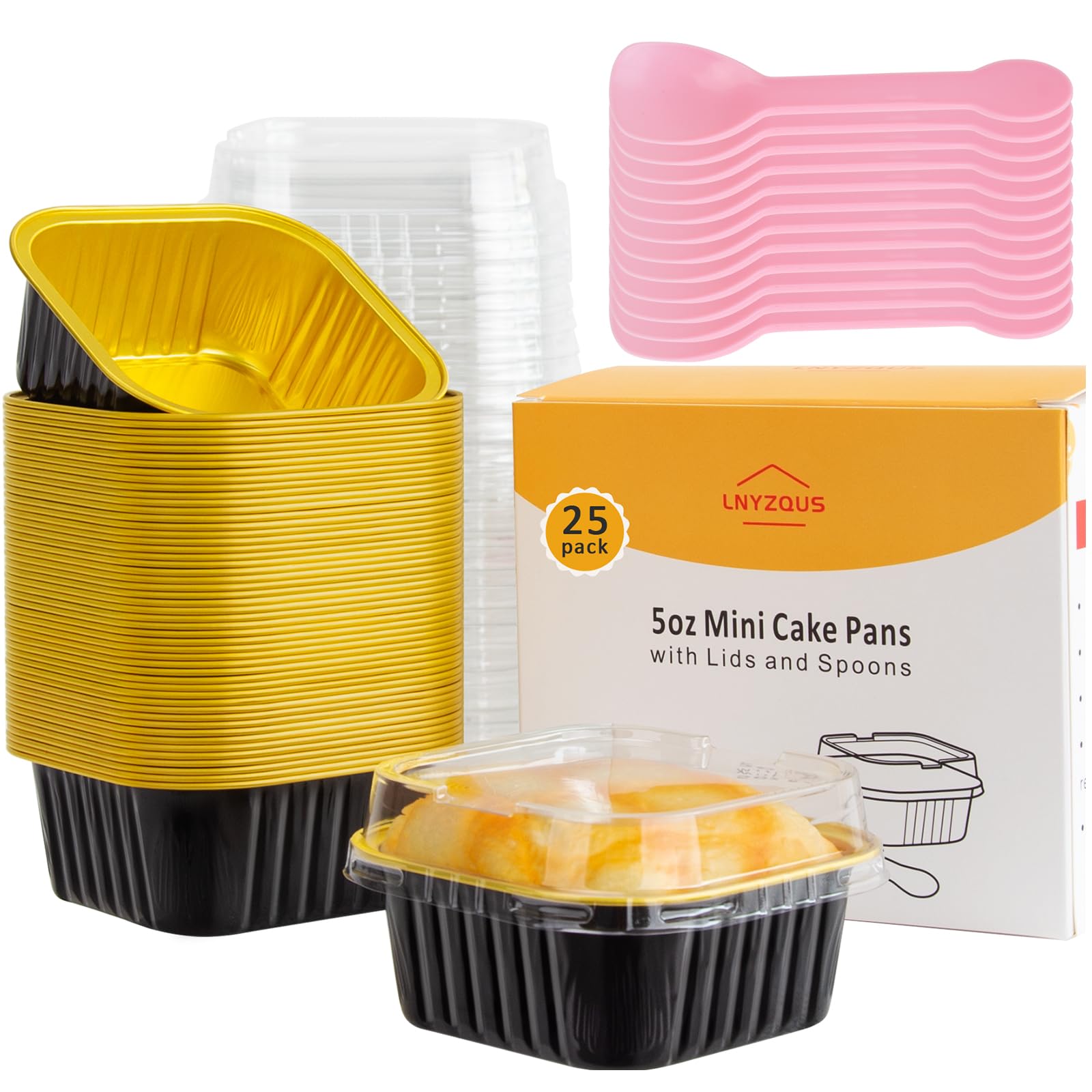 LNYZQUS 5oz Mini Cake Pans with Lids 25 Pack, Foil Baking Cups Small Muffin Tin Single Cupcake Containers, Square Individual Pan