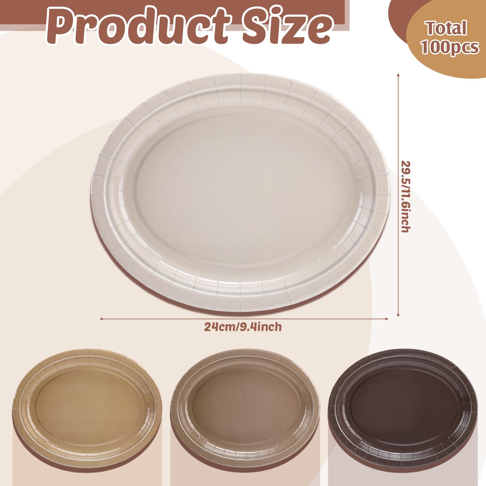 Vesici 100Pcs Brown Paper Plates Thanksgiving Party Supplies Brown Gradient Colors Farmhouse Oval Disposable Dessert Plates Pape