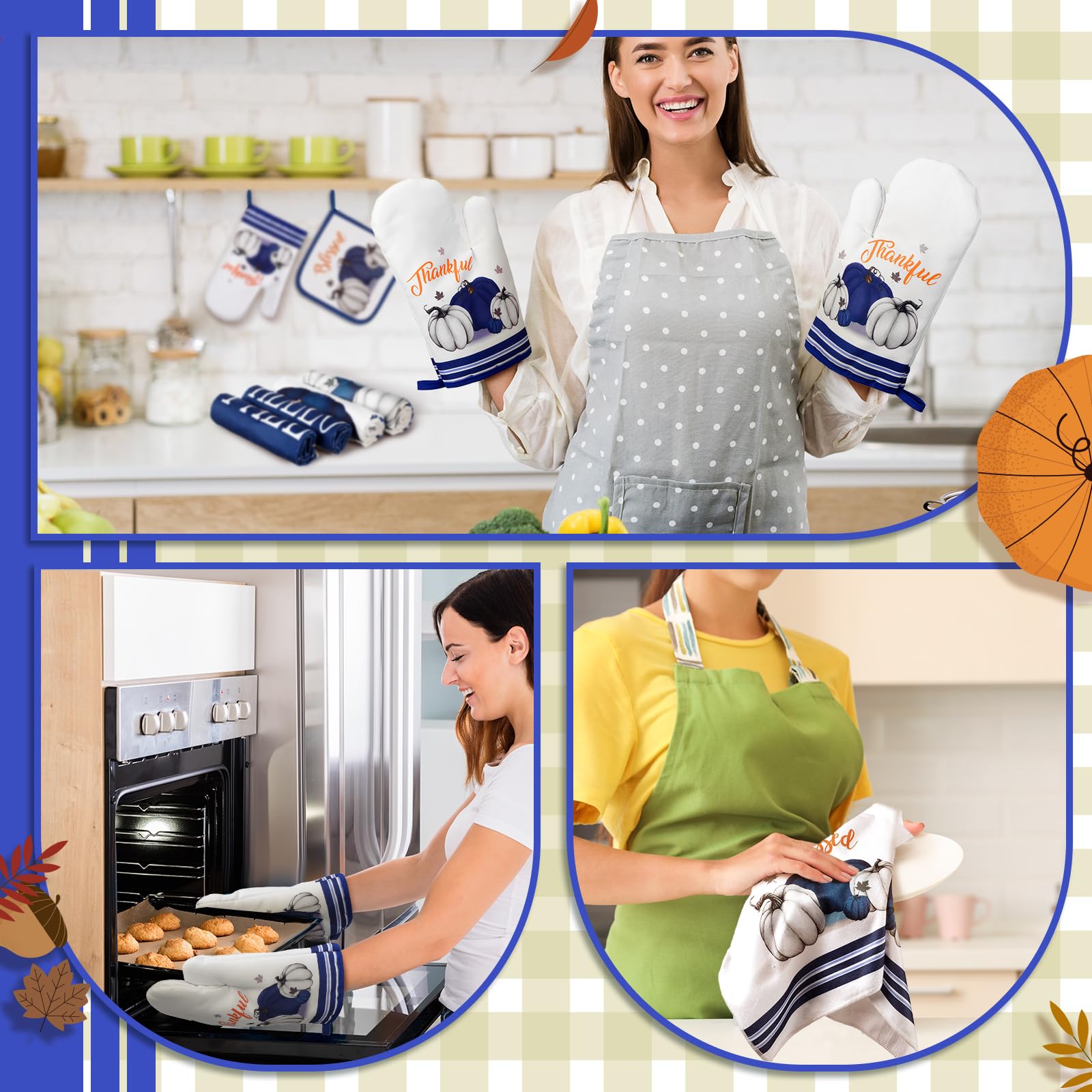 Fanfanwin 10 Pcs Thanksgiving Pumpkin Kitchen Decor Set Kitchen Towels Pot Holders Oven Mitts and Rugs Set Thanksgiving Decor fo