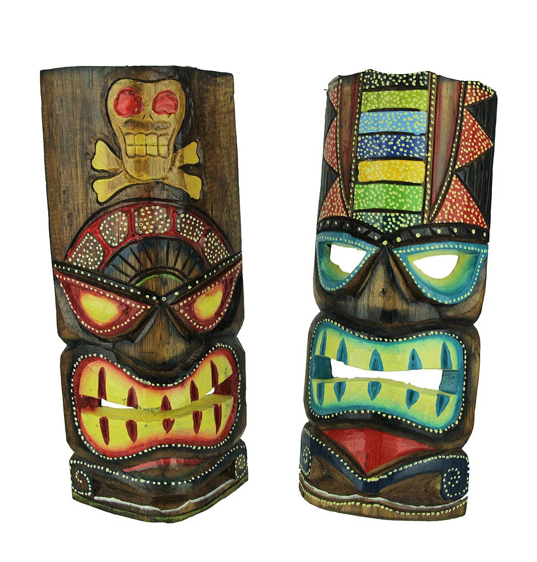 Chesapeake Bay Ltd Set of 2 Vibrant Hand-Carved Wooden Tiki Totem Wall Masks - Artisan Crafted - Tropical Island-Inspired Hangin
