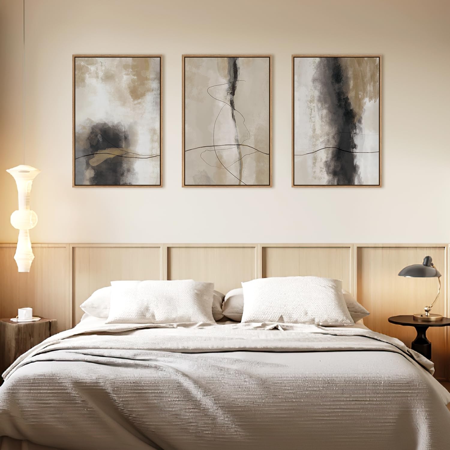 Hpinub Large Modern Abstract Shapes Framed Canvas Wall Art Set,Neutral Black And White Wall Decor,Minimalist Nordic Wall Paintin