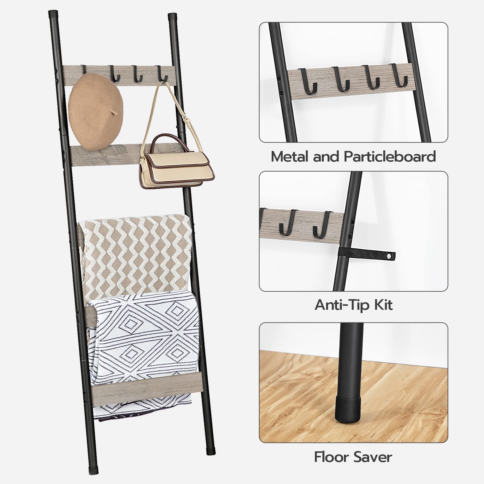 HOOBRO 5-Tier Blanket Ladder Rack, Wall-Leaning Towel Shelf, 17.3"L x 63"W, Greige & Black, Model BG52CJ01